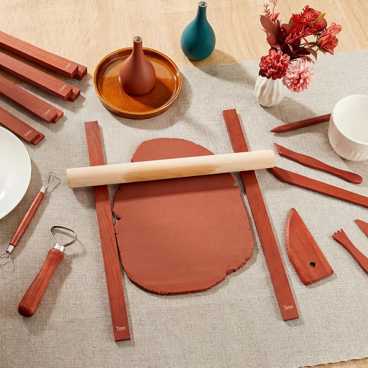 10 Pcs Clay Pottery Rolling Pin Guides,5 Size,Wood Color | Wooden, Teaching Rolling Mud Stick Guide, Polymer Clay Depth Thickness Guide, Pottery Mudboard Tool