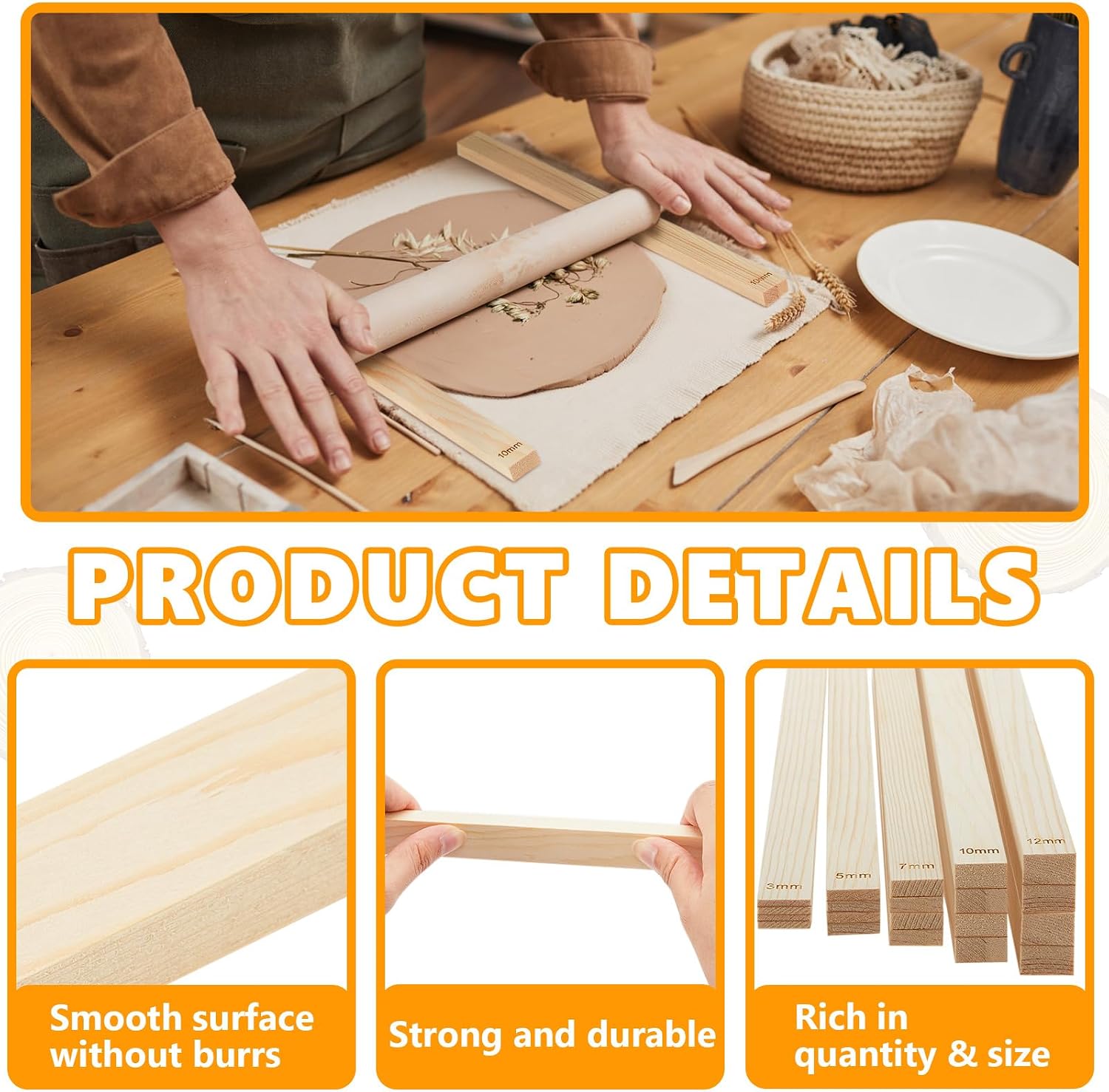 10 Pcs Clay Pottery Rolling Pin Guides,5 Size,Wood Color | Wooden, Teaching Rolling Mud Stick Guide, Polymer Clay Depth Thickness Guide, Pottery Mudboard Tool