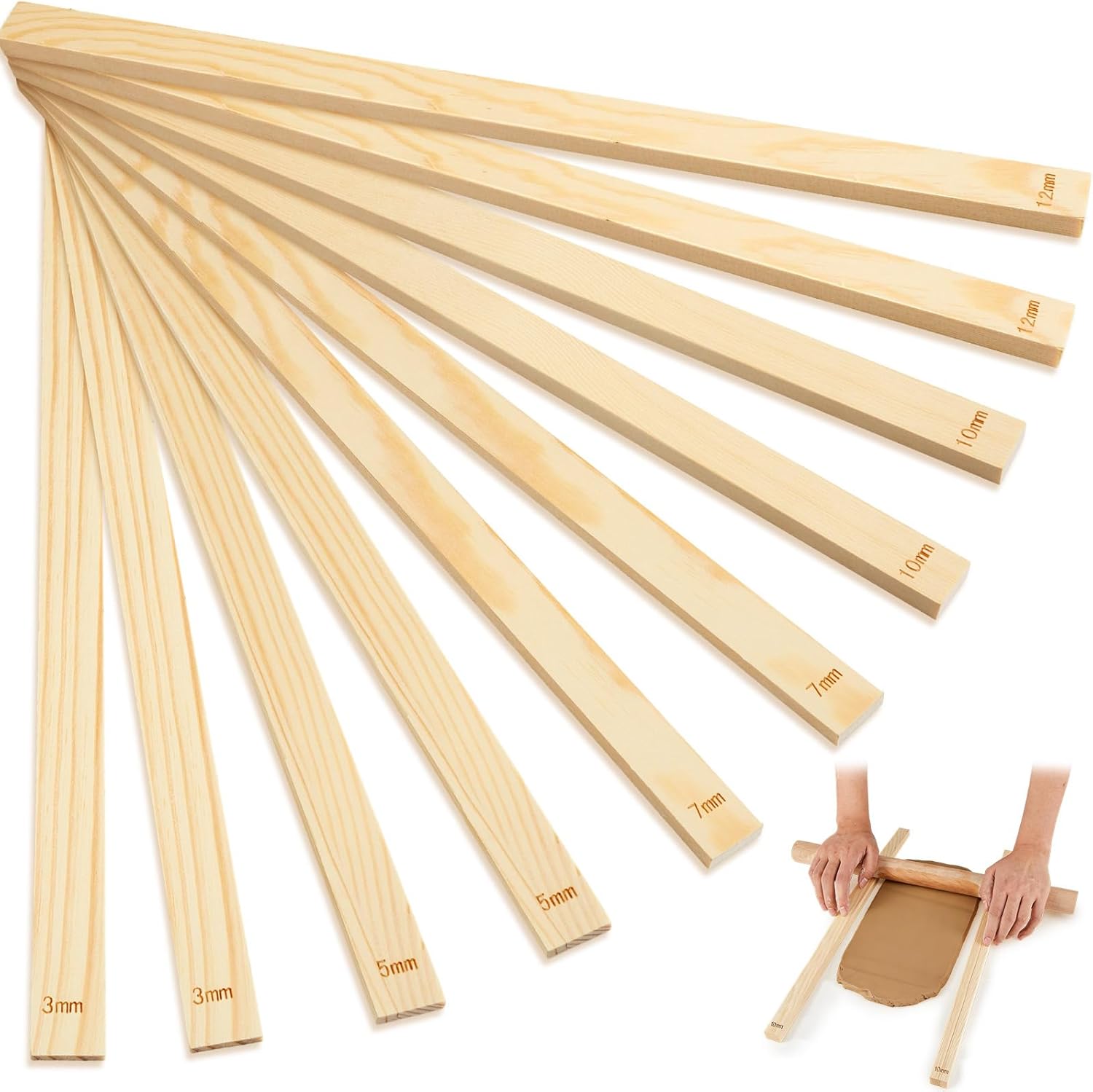 10 Pcs Clay Pottery Rolling Pin Guides,5 Size,Wood Color | Wooden, Teaching Rolling Mud Stick Guide, Polymer Clay Depth Thickness Guide, Pottery Mudboard Tool
