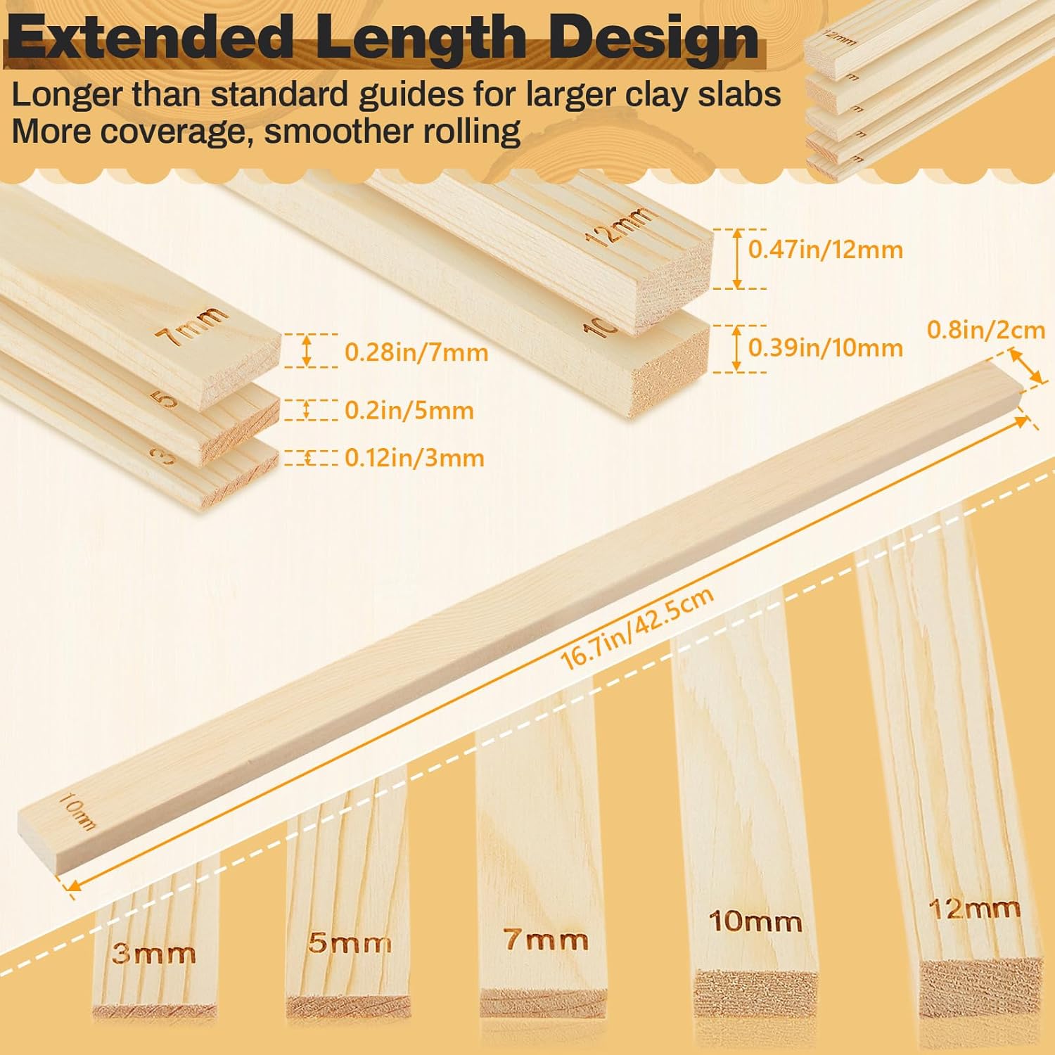 10 Pcs Clay Pottery Rolling Pin Guides,5 Size,Wood Color | Wooden, Teaching Rolling Mud Stick Guide, Polymer Clay Depth Thickness Guide, Pottery Mudboard Tool