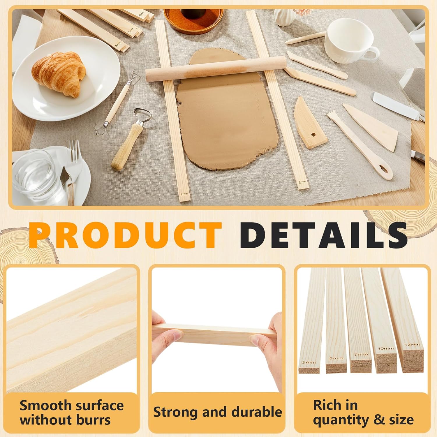 10 Pcs Clay Pottery Rolling Pin Guides,5 Size,Wood Color | Wooden, Teaching Rolling Mud Stick Guide, Polymer Clay Depth Thickness Guide, Pottery Mudboard Tool