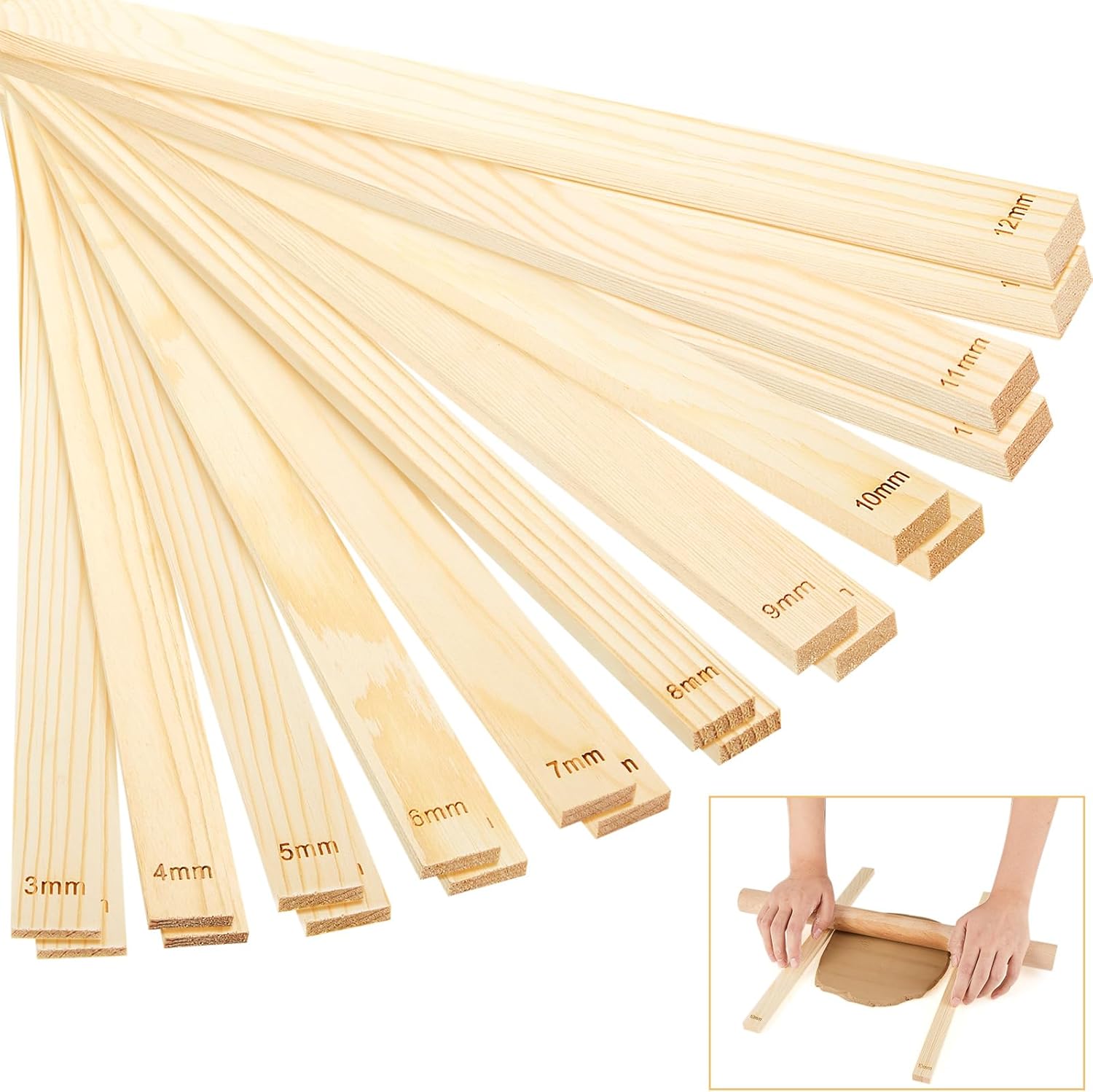 10 Pcs Clay Pottery Rolling Pin Guides,5 Size,Wood Color | Wooden, Teaching Rolling Mud Stick Guide, Polymer Clay Depth Thickness Guide, Pottery Mudboard Tool