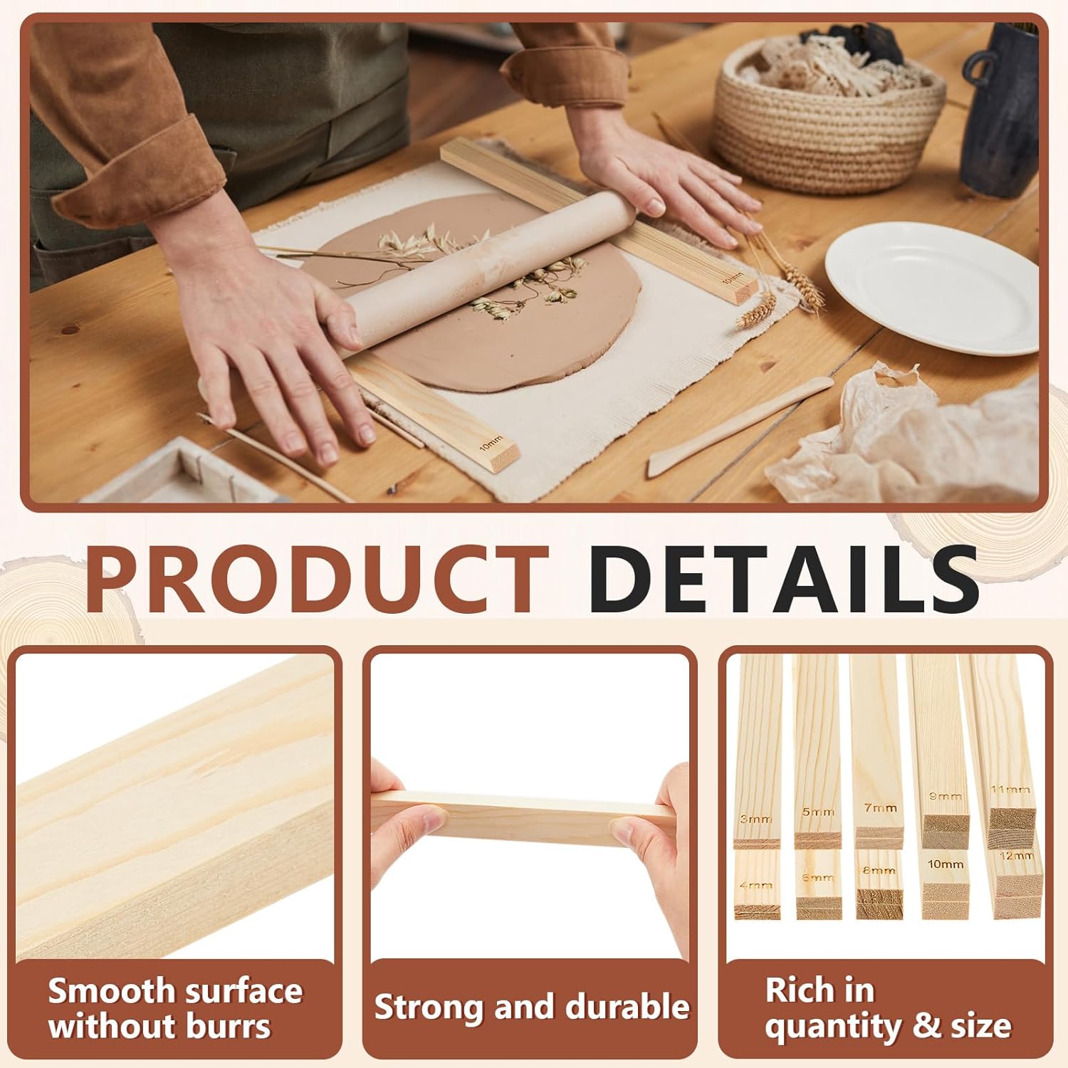 10 Pcs Clay Pottery Rolling Pin Guides,5 Size,Wood Color | Wooden, Teaching Rolling Mud Stick Guide, Polymer Clay Depth Thickness Guide, Pottery Mudboard Tool