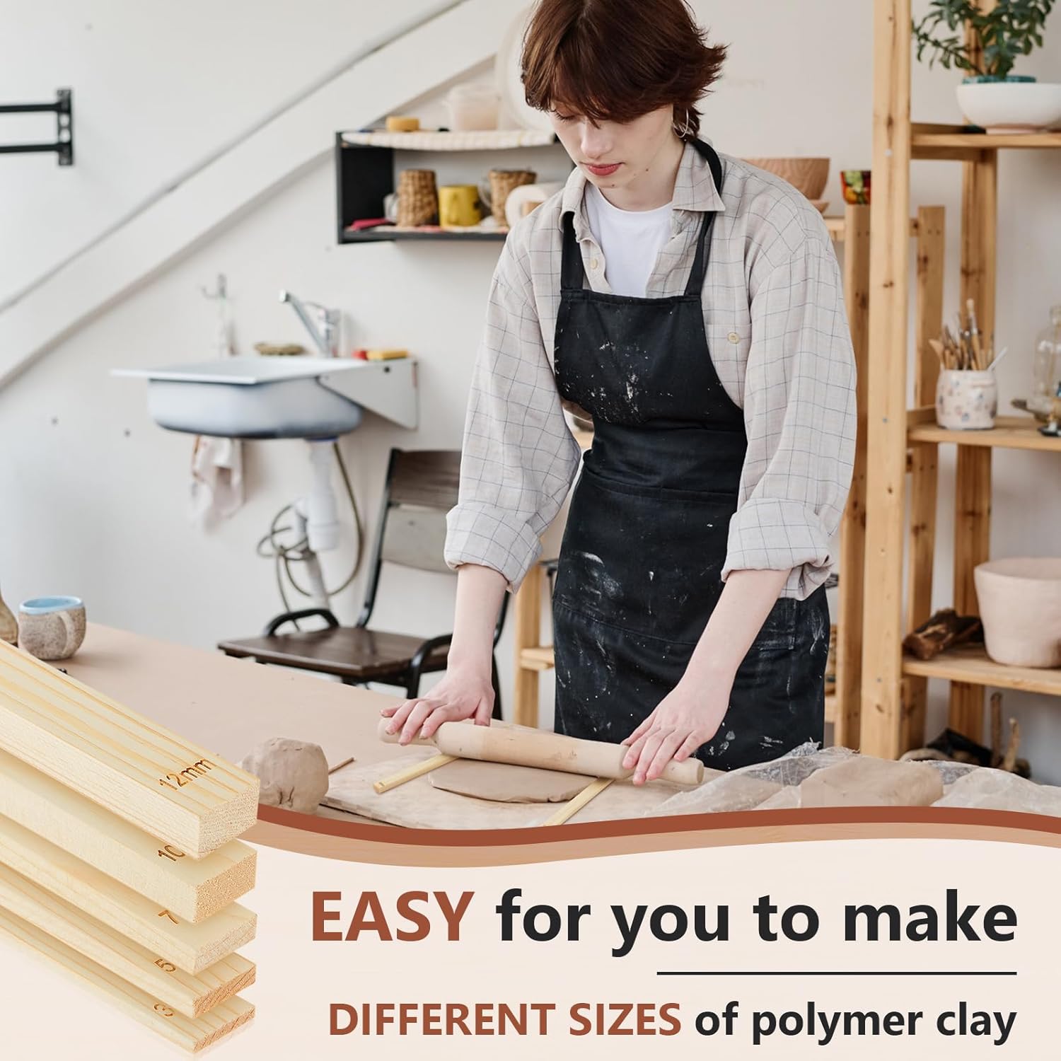 10 Pcs Clay Pottery Rolling Pin Guides,5 Size,Wood Color | Wooden, Teaching Rolling Mud Stick Guide, Polymer Clay Depth Thickness Guide, Pottery Mudboard Tool