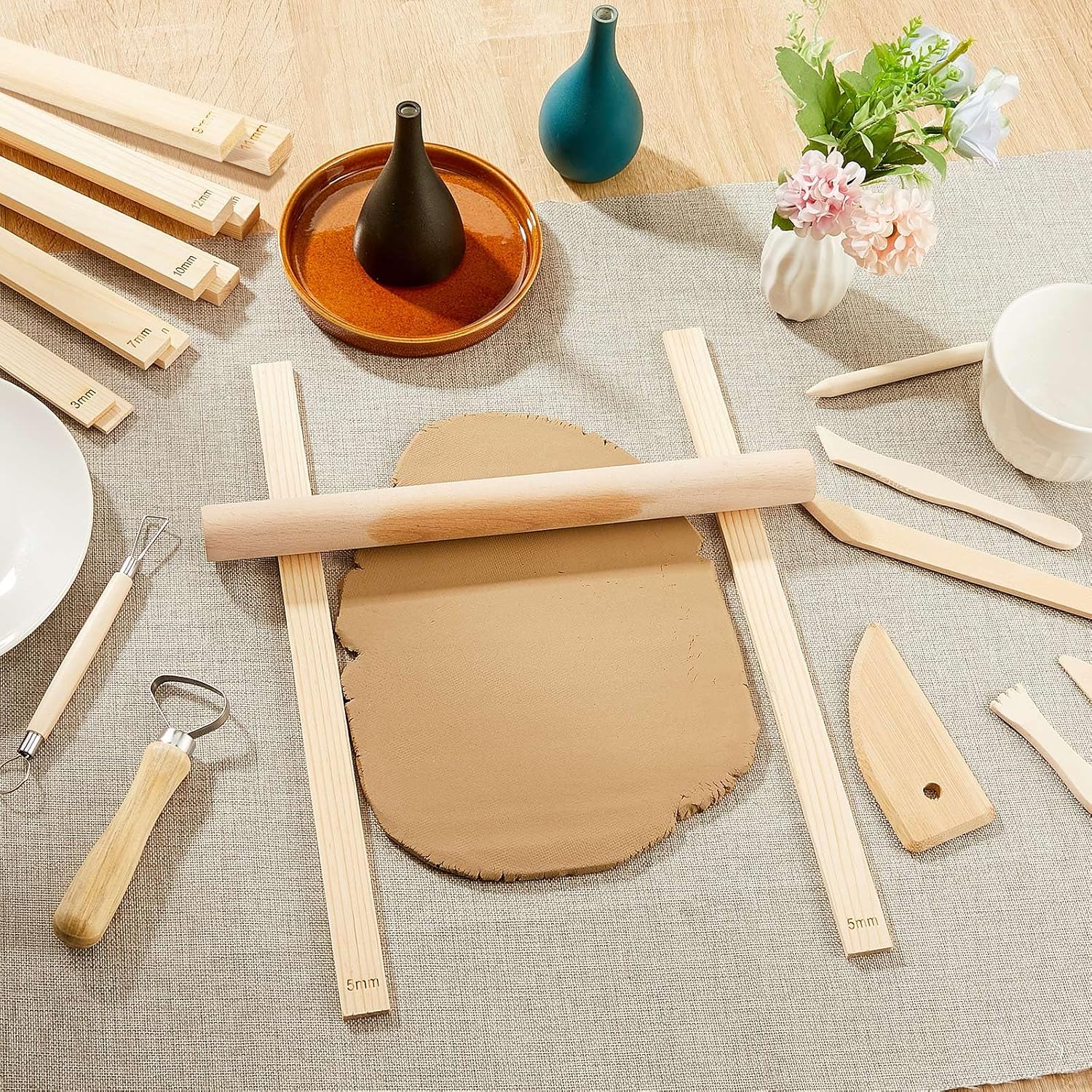 10 Pcs Clay Pottery Rolling Pin Guides,5 Size,Wood Color | Wooden, Teaching Rolling Mud Stick Guide, Polymer Clay Depth Thickness Guide, Pottery Mudboard Tool
