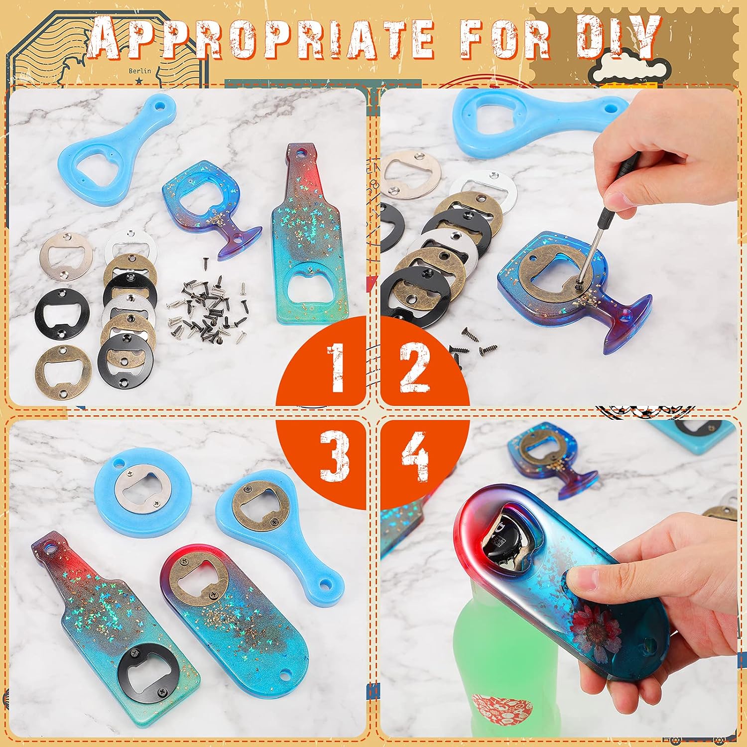 15 Sets Bottle Opener Inserts Kit Stainless Steel Round Bottle Openers Metal Inserts with Screws and Screwdriver for Bottles Opener DIY Resin Mould Kit