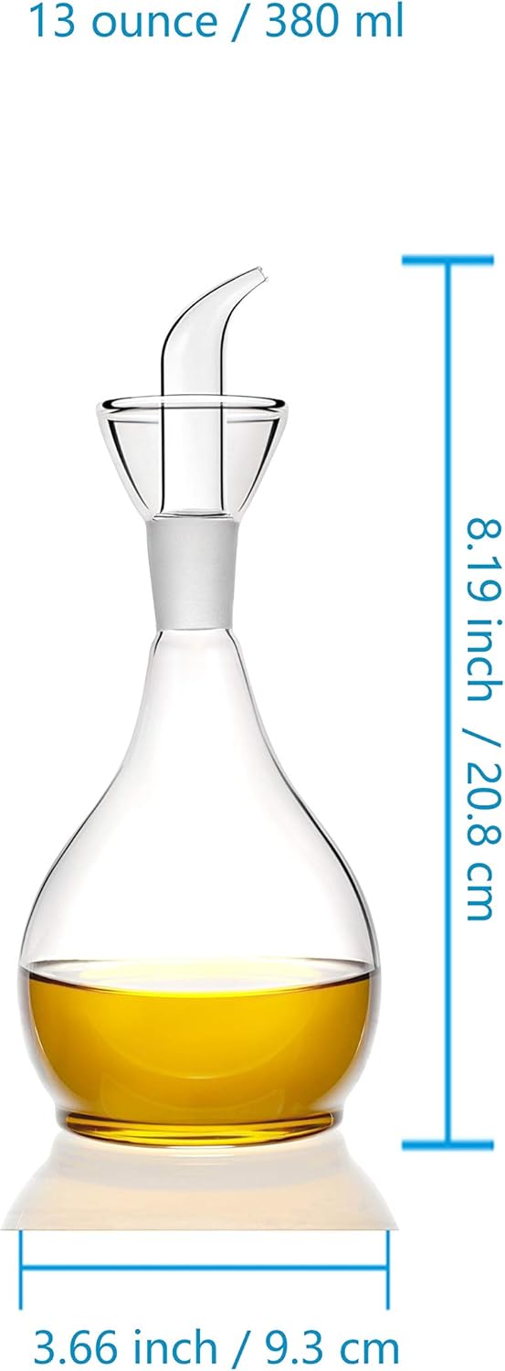 13ounce/ 380 ml Clear Glass Olive Oil Dispenser Bottle - Oil & Vinegar Cruet with Pourers and NO Funnel Needed - Olive Oil Carafe Decanter for Kitchen and BBQ
