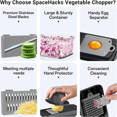 12-in-1 Vegetable Chopper with 7 Blades, Food Veggie Cutter, Mandoline Gray | Includes Egg Separator, Food Container and Finger Guard, Non-slip Base, for Chopping, Slicing, Shredding, and Mincing