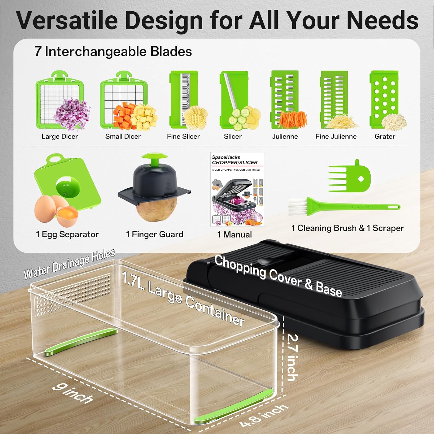 12-in-1 Vegetable Chopper with 7 Blades, Food Veggie Cutter, Mandoline Gray | Includes Egg Separator, Food Container and Finger Guard, Non-slip Base, for Chopping, Slicing, Shredding, and Mincing