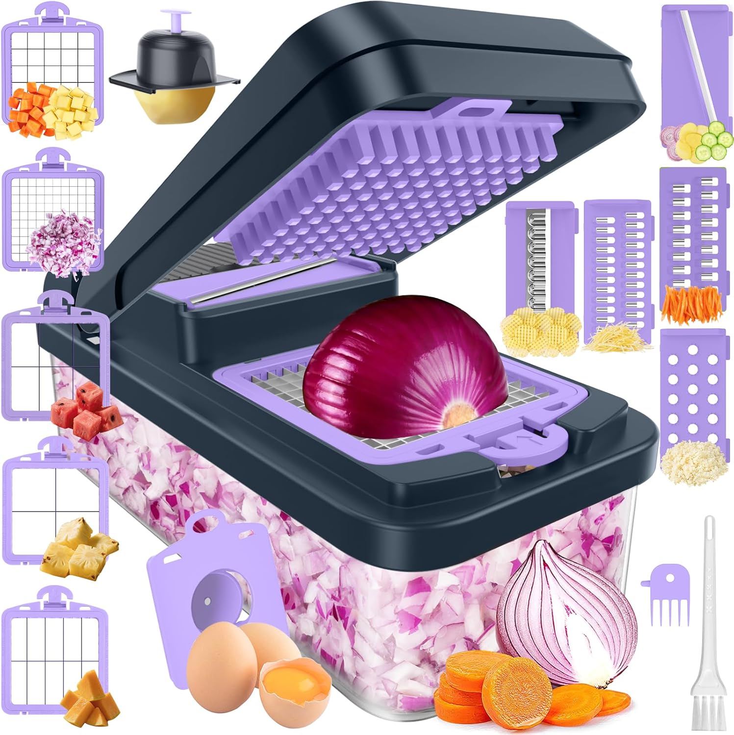 12-in-1 Vegetable Chopper with 7 Blades, Food Veggie Cutter, Mandoline Gray | Includes Egg Separator, Food Container and Finger Guard, Non-slip Base, for Chopping, Slicing, Shredding, and Mincing