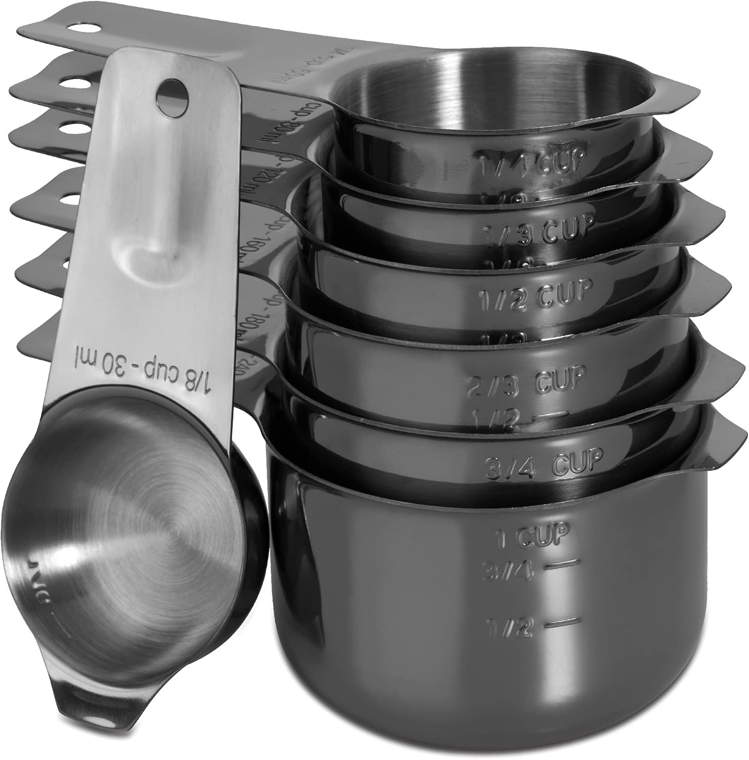 13-Piece Measuring Cups and Spoons Set, 18/8 Stainless Steel, Silver | Clearly Marked US and Metric Measurements, 7 Cups and 6 Spoons Nest for Dry and Wet Ingredients in Cooking and Baking