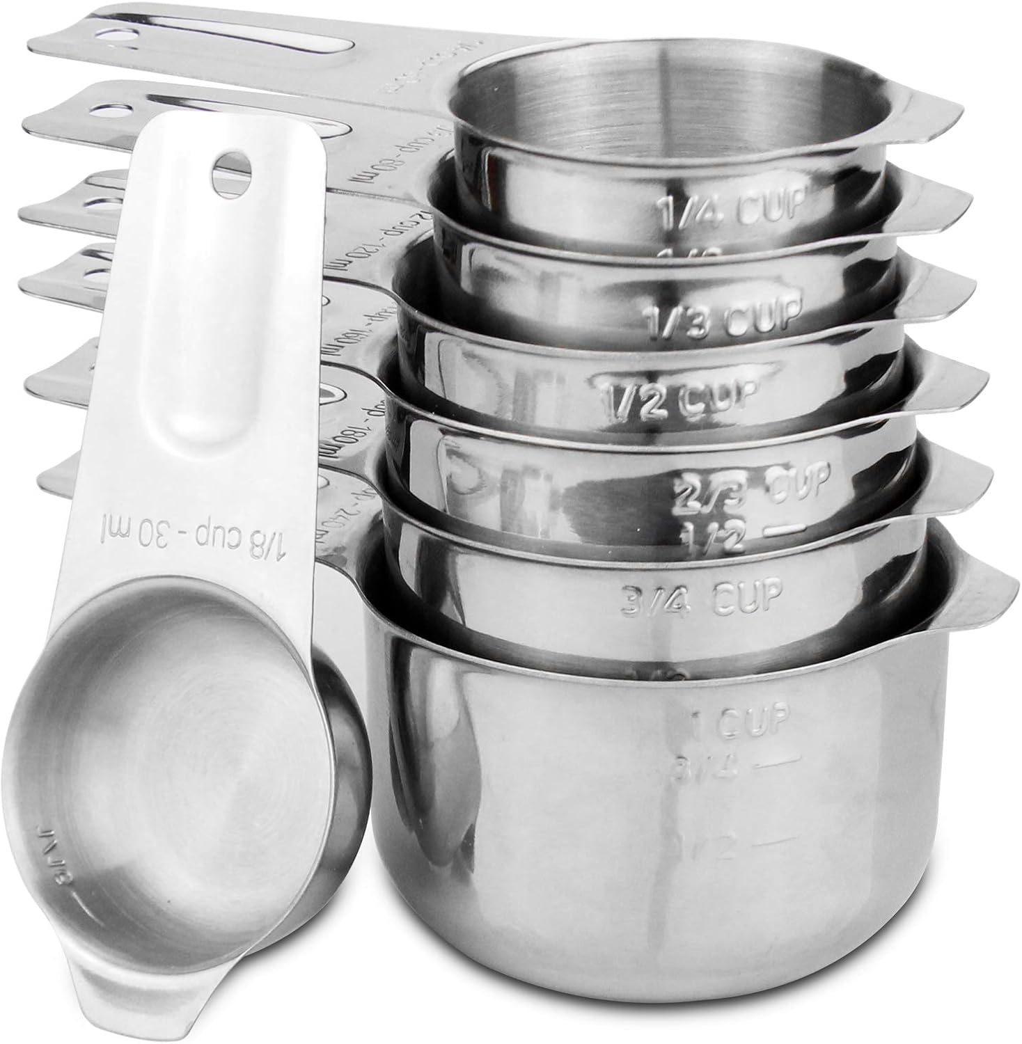 13-Piece Measuring Cups and Spoons Set, 18/8 Stainless Steel, Silver | Clearly Marked US and Metric Measurements, 7 Cups and 6 Spoons Nest for Dry and Wet Ingredients in Cooking and Baking