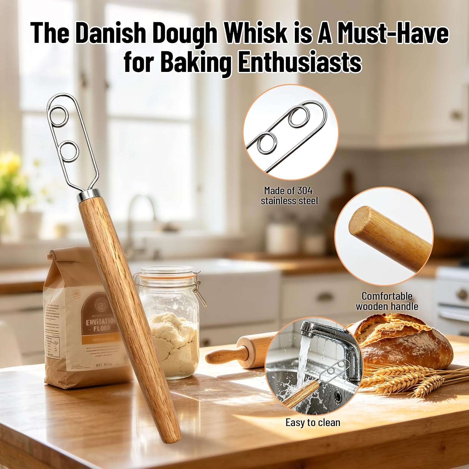 13 Inch Danish Dough Whisk for Sourdough,304 Stainless Steel Dough Whisk with Bread Blade Includes 5 Razor,Blades Essential Sourdough Dough Mixing Tool for Bread Baking