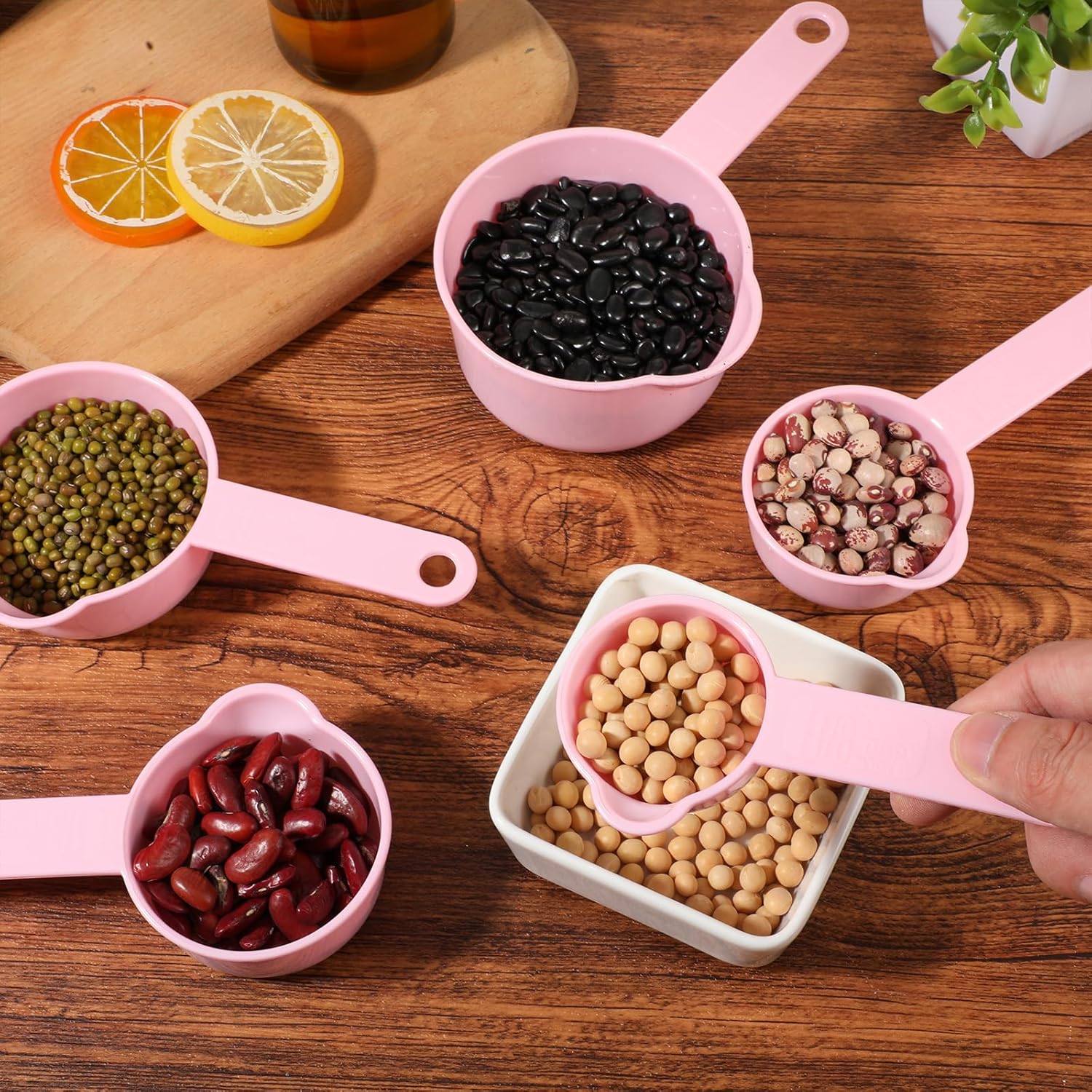 11pcs Measuring Cups and Spoons Set, Nesting Measure Cups with Ring and Easy Read Markings Small Teaspoon with Plastic Head for Dry & Liquid Ingredients, Pink