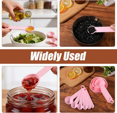 11pcs Measuring Cups and Spoons Set, Nesting Measure Cups with Ring and Easy Read Markings Small Teaspoon with Plastic Head for Dry & Liquid Ingredients, Pink