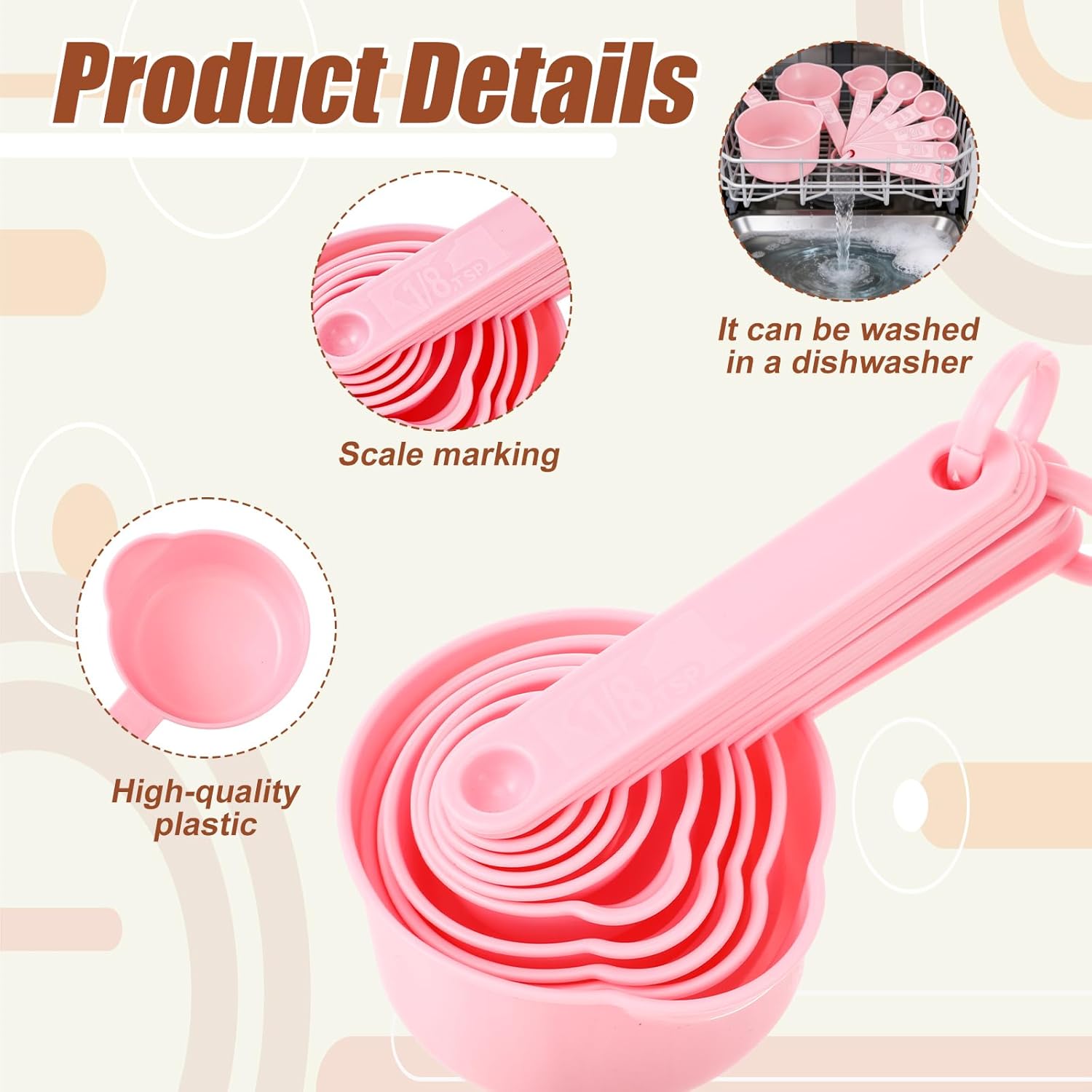 11pcs Measuring Cups and Spoons Set, Nesting Measure Cups with Ring and Easy Read Markings Small Teaspoon with Plastic Head for Dry & Liquid Ingredients, Pink
