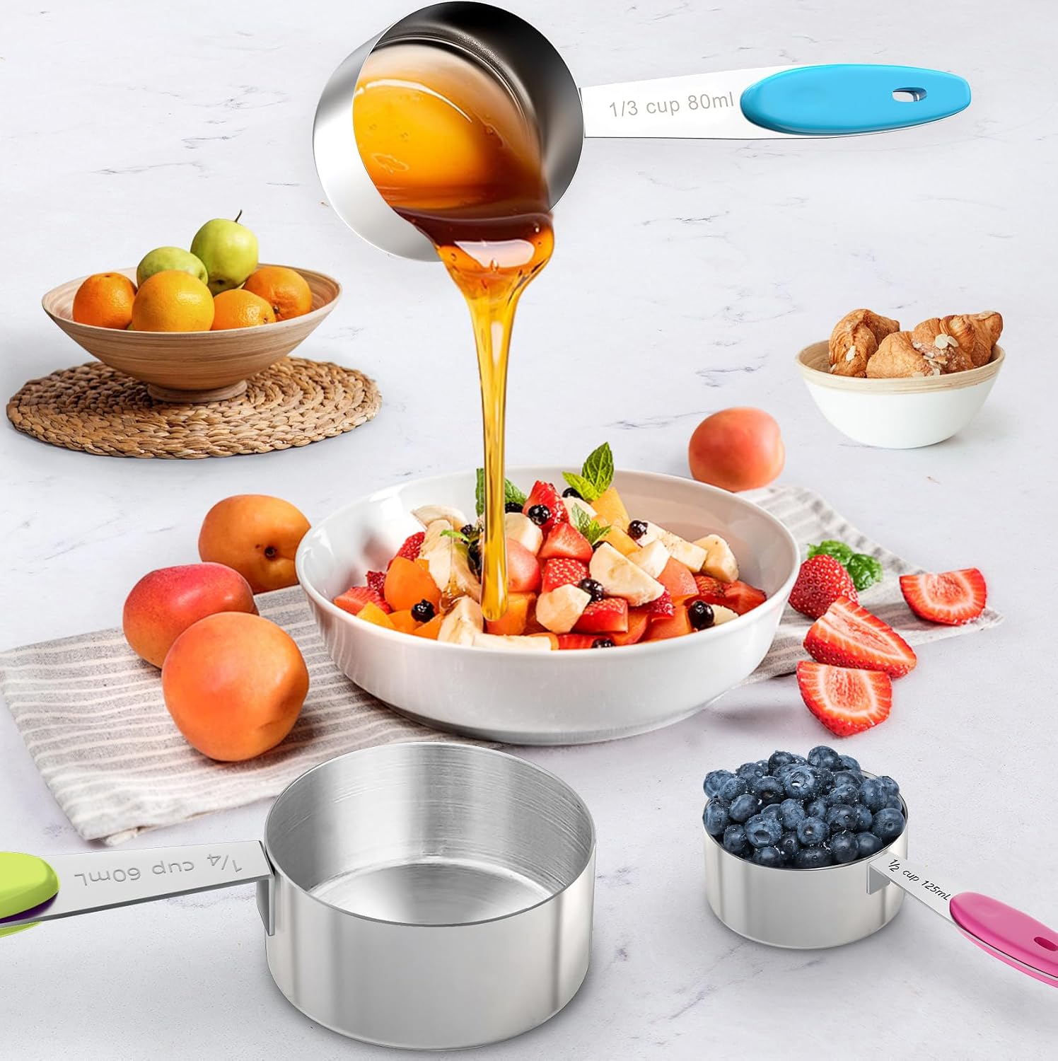 13PCS Magnetic Measuring Cups and Spoons Set - 7 Double-Sided Stainless Steel Magnetic Measuring Spoons & 1 Leveler + 5 Stainless Steel Measuring Cups - Kitchen Baking Tools for Cooking