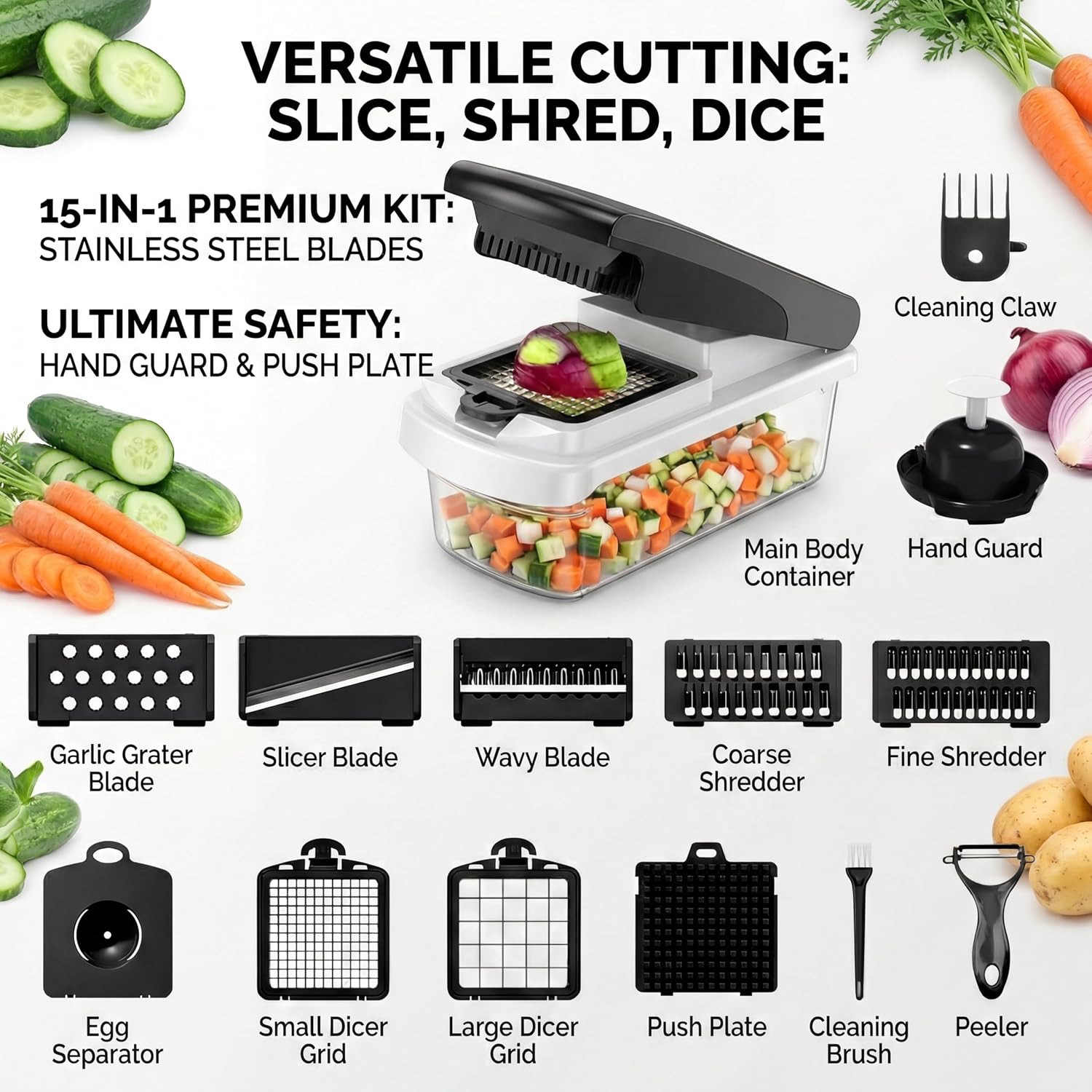 15 in 1Vegetable Chopper with Container,Food Chopper and Spiralizer,Onion Chopper,Veggie Cutter for Salad,Cheese Grater,Fruit Slicer,Kitchen Gadgets Accessories With Brush and Egg separator