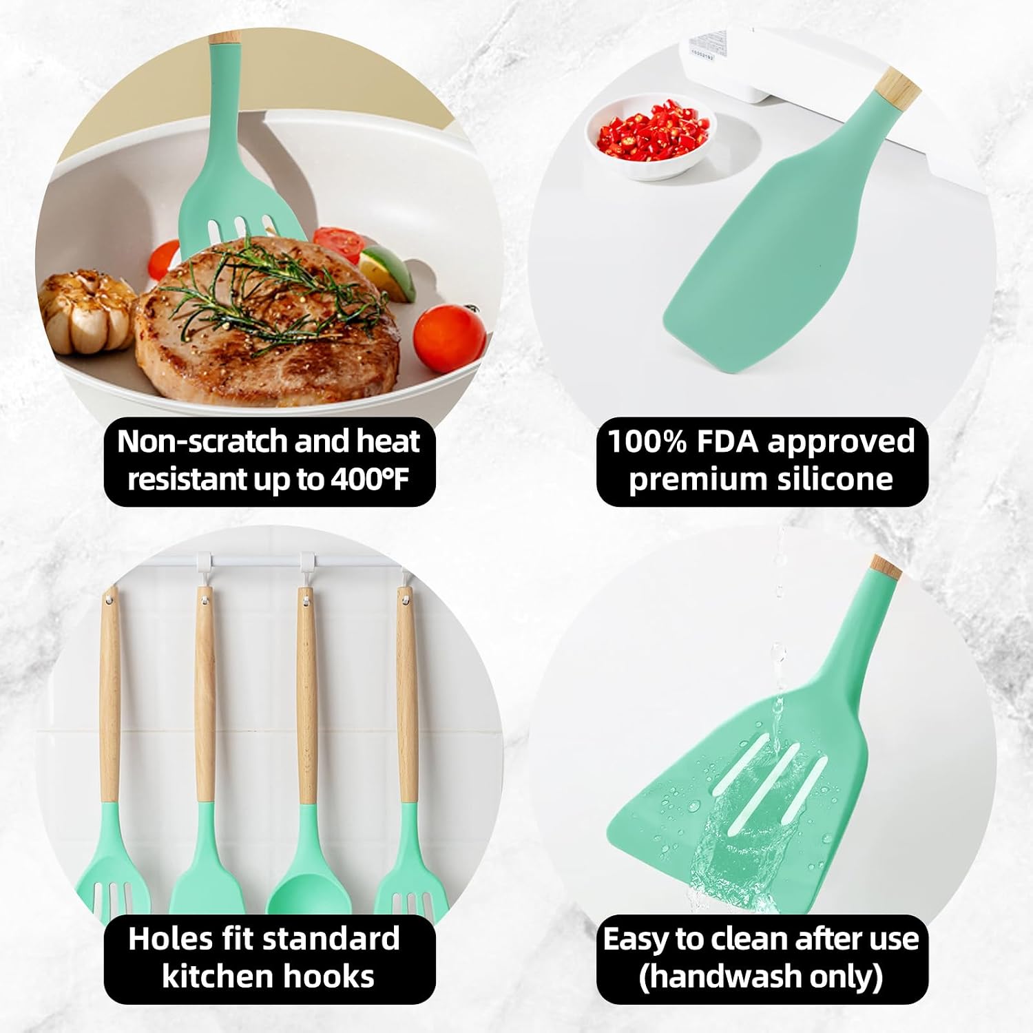 12-Piece Silicone Kitchen Utensils Set with Wooden Handle, Non-Stick & Heat Resistant Cooking Utensils (446°F), Includes Spatula, Spoon, Turner, Tongs, Whisk, Great for Home Cooks-Black