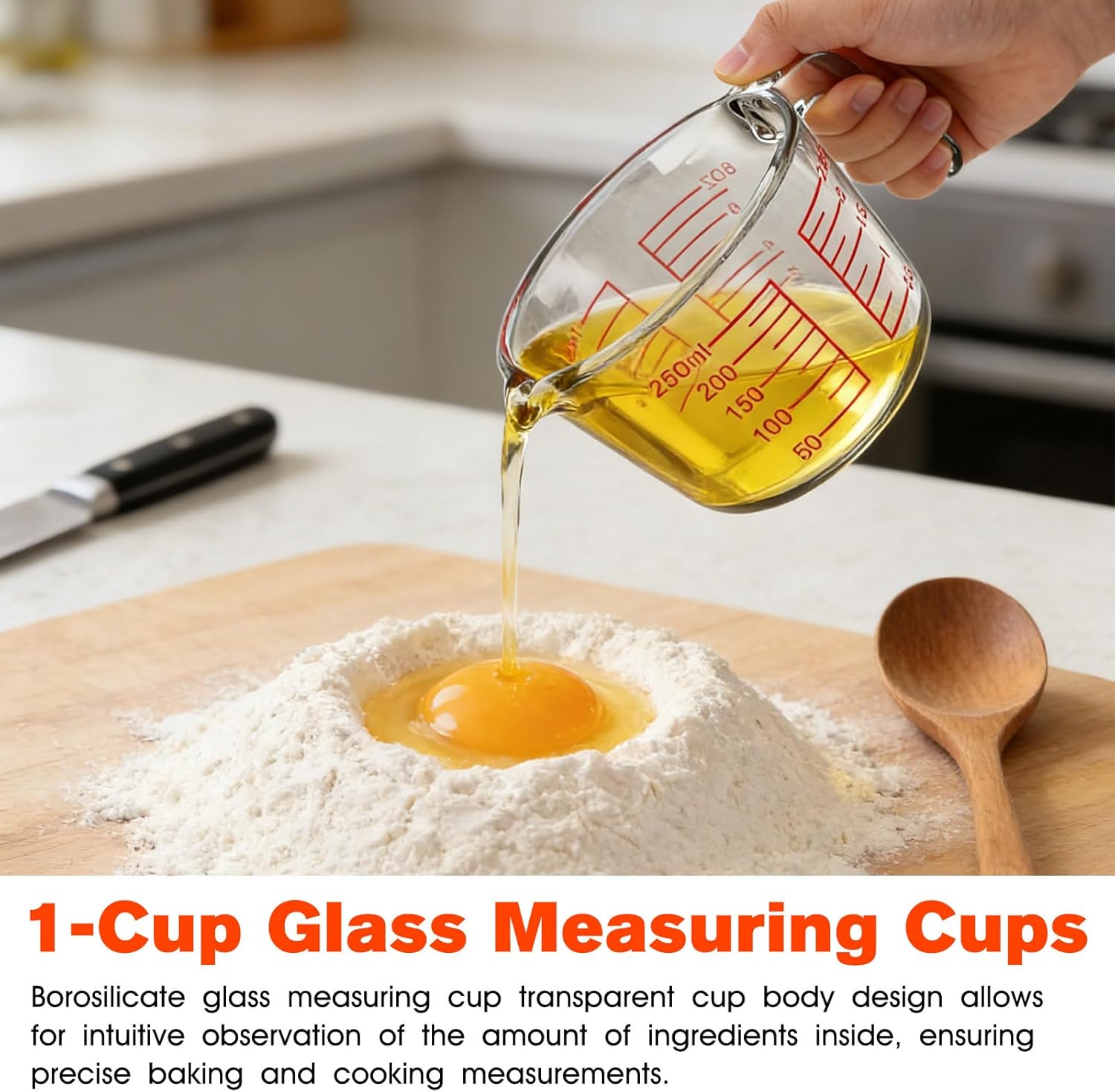 1 Cup Glass Measuring Cups, Clear Borosilicate Glass Liquid Measuring Cup | Kitchen & Baking Microwave Safe One Glass Measuring Cups, 8 OZ/250ML Small Glass Measuring Cup