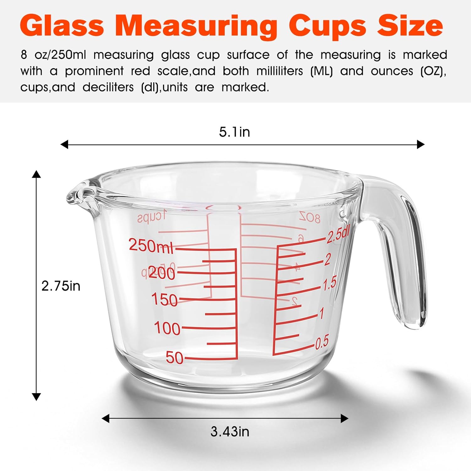 1 Cup Glass Measuring Cups, Clear Borosilicate Glass Liquid Measuring Cup | Kitchen & Baking Microwave Safe One Glass Measuring Cups, 8 OZ/250ML Small Glass Measuring Cup