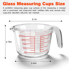 1 Cup Glass Measuring Cups, Clear Borosilicate Glass Liquid Measuring Cup | Kitchen & Baking Microwave Safe One Glass Measuring Cups, 8 OZ/250ML Small Glass Measuring Cup