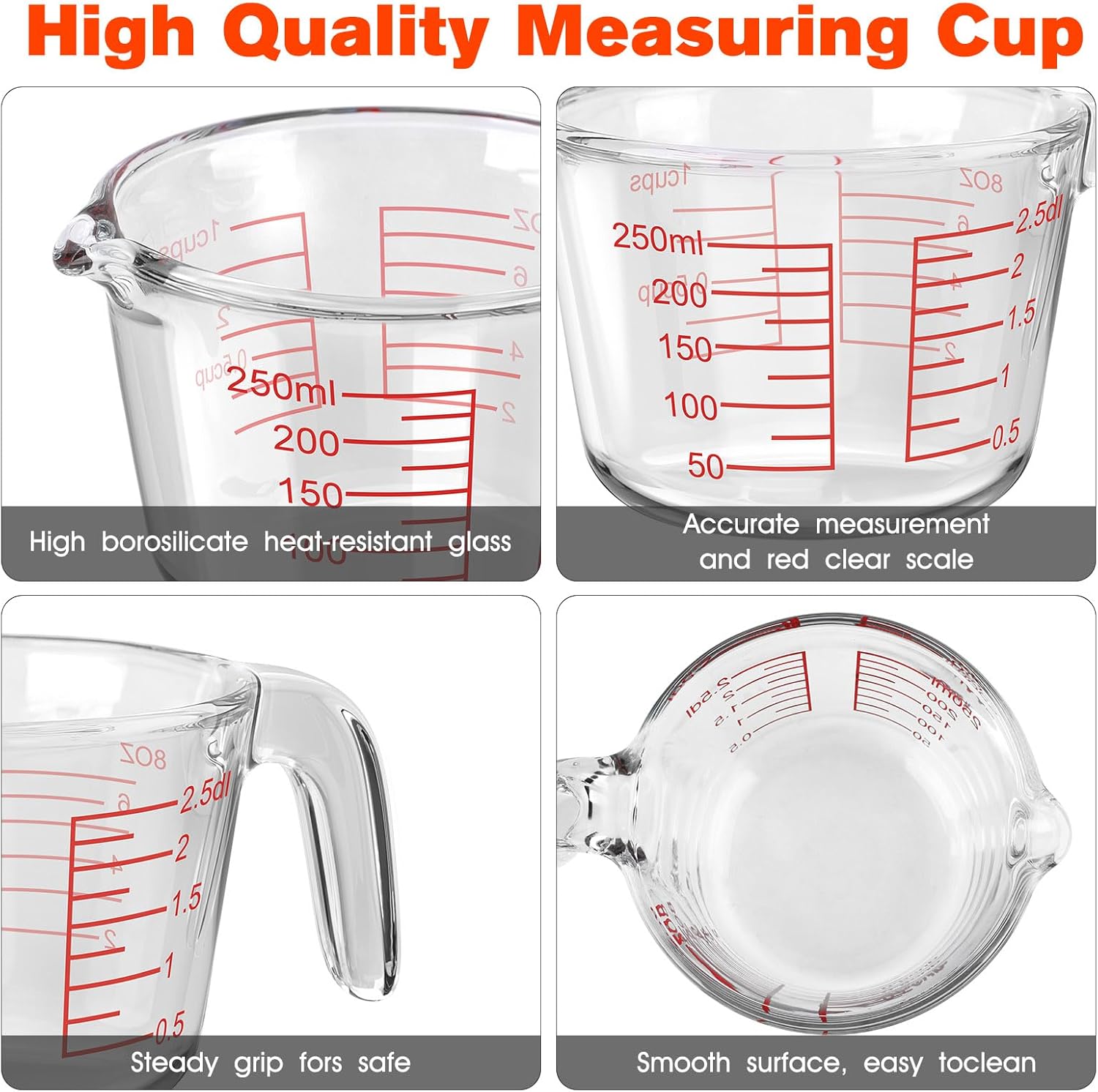 1 Cup Glass Measuring Cups, Clear Borosilicate Glass Liquid Measuring Cup | Kitchen & Baking Microwave Safe One Glass Measuring Cups, 8 OZ/250ML Small Glass Measuring Cup
