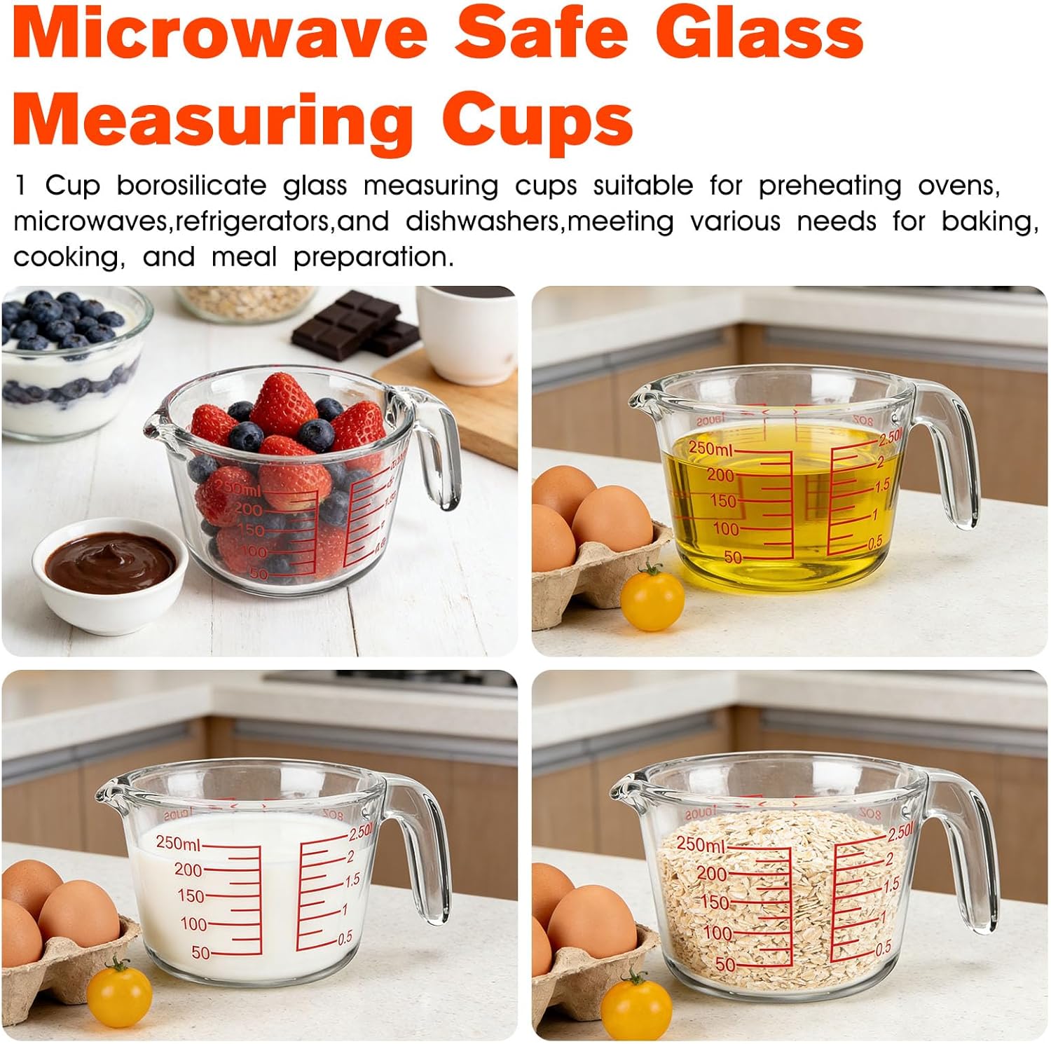 1 Cup Glass Measuring Cups, Clear Borosilicate Glass Liquid Measuring Cup | Kitchen & Baking Microwave Safe One Glass Measuring Cups, 8 OZ/250ML Small Glass Measuring Cup