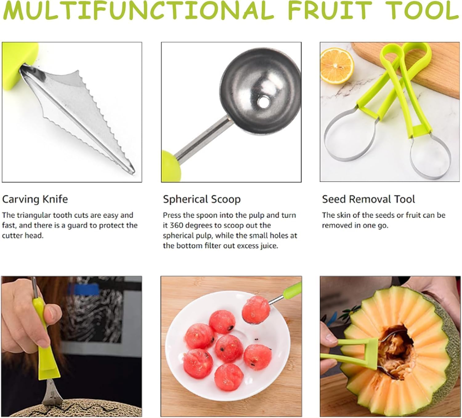12PCS Melon Baller Scoop Set, 4-in-1 Watermelon Scooper Fruit Scooper, Fruit Cutter Shapes, Fruit Fork, Stainless Steel Carving Knife Kitchen Tools for Dig Pulp Separator Fruit Slicer