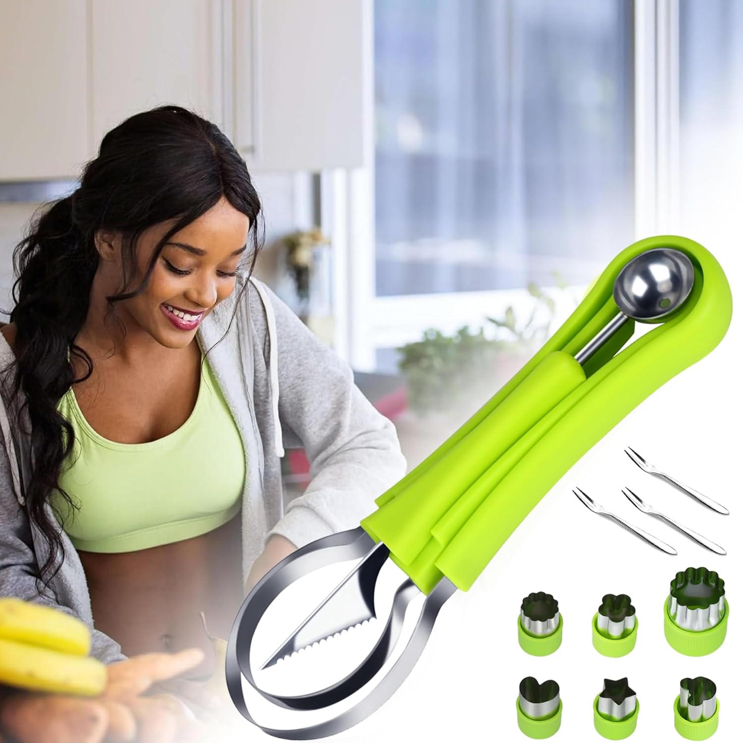 12PCS Melon Baller Scoop Set, 4-in-1 Watermelon Scooper Fruit Scooper, Fruit Cutter Shapes, Fruit Fork, Stainless Steel Carving Knife Kitchen Tools for Dig Pulp Separator Fruit Slicer