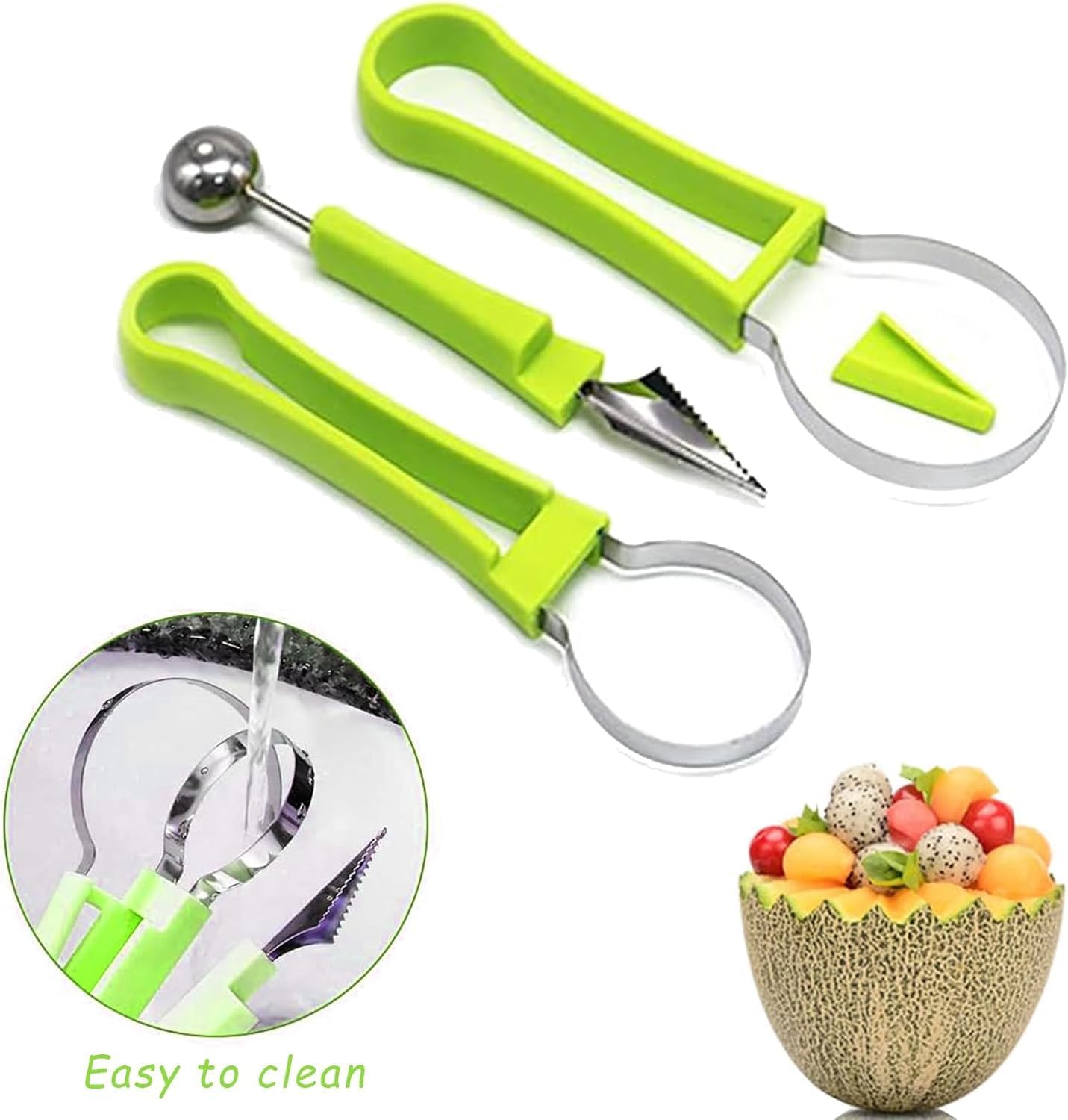 12PCS Melon Baller Scoop Set, 4-in-1 Watermelon Scooper Fruit Scooper, Fruit Cutter Shapes, Fruit Fork, Stainless Steel Carving Knife Kitchen Tools for Dig Pulp Separator Fruit Slicer