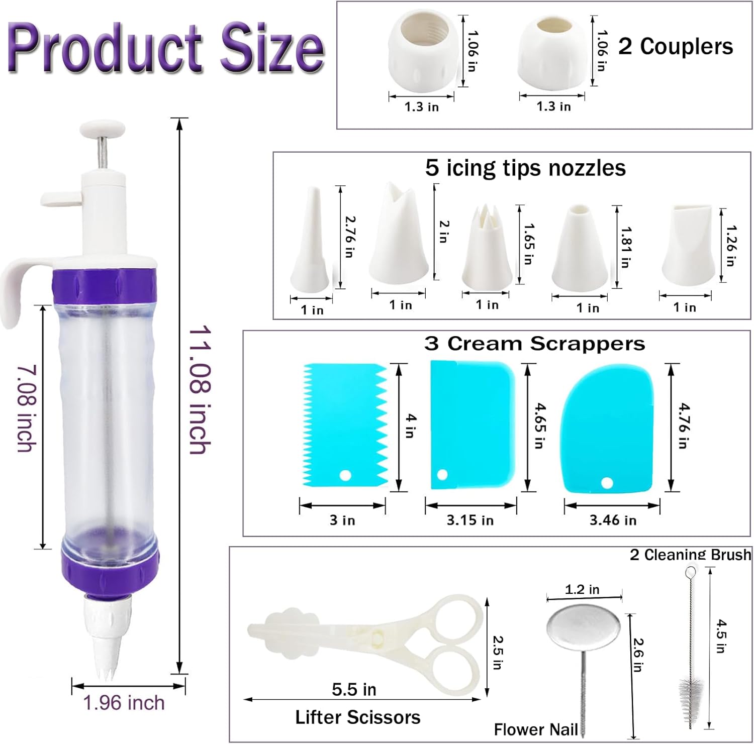 15 Pcs Cake Decorating Baking Syringe Tool Kit, Cupcake Filling Injector with Icing Nozzles Cream Scrapers Nozzle Brush Flower Nail Lifter Scissors Pastry Frosting Gun Piping Kit for Cookies