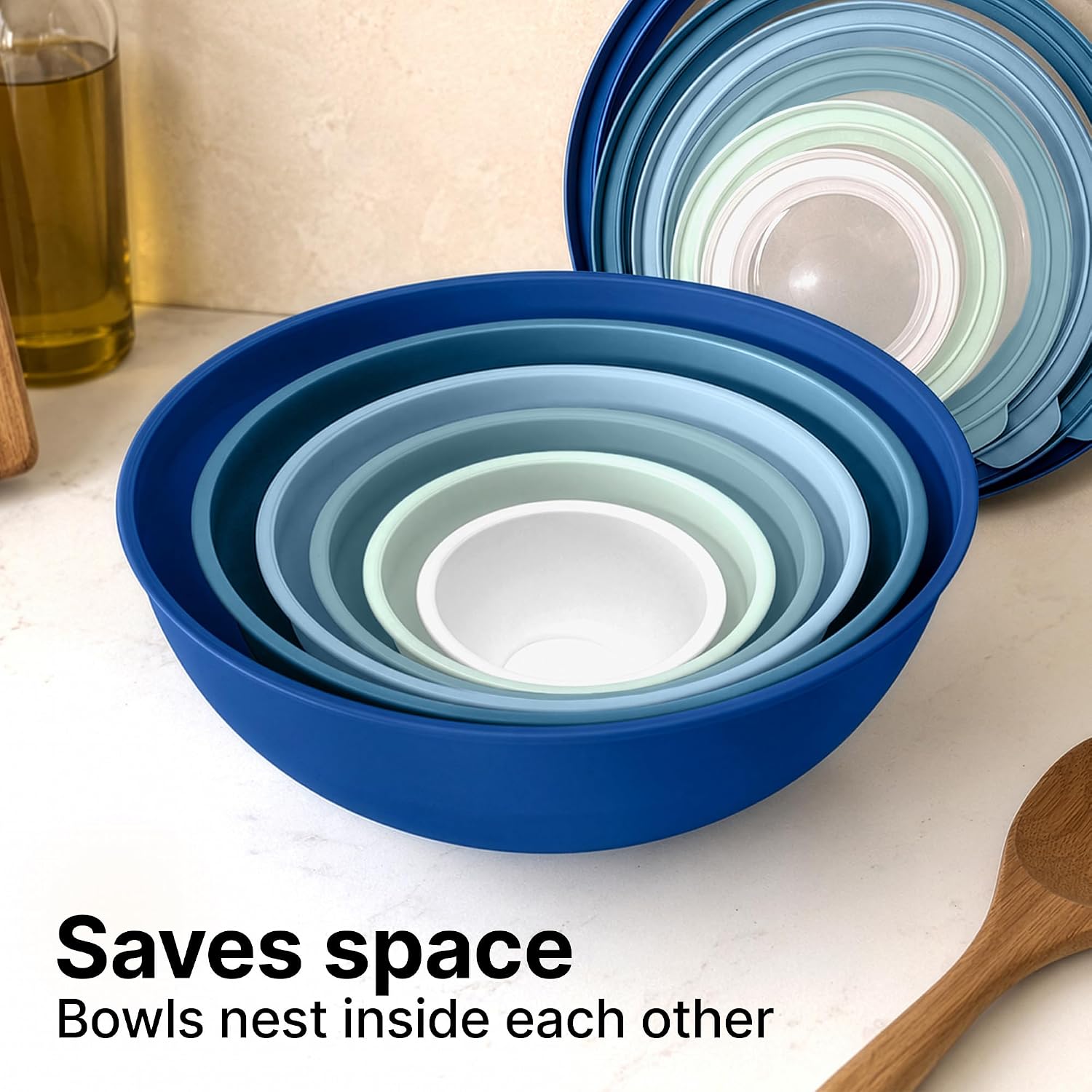 12 Piece Plastic Mixing Bowls with Lids Set - Leak-Proof Microwave & Freezer Safe Stackable Mixing Bowl Set for Preparing, Serving and Storing - Non-Slip Large Nesting Bowls (Blue Ombre)
