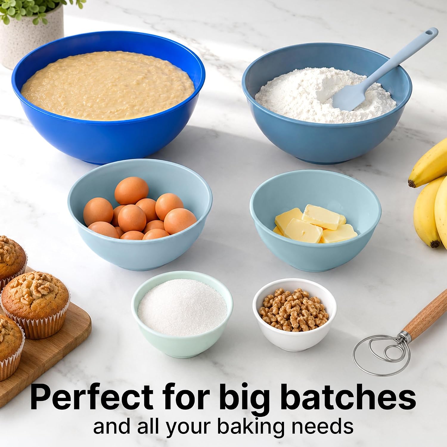 12 Piece Plastic Mixing Bowls with Lids Set - Leak-Proof Microwave & Freezer Safe Stackable Mixing Bowl Set for Preparing, Serving and Storing - Non-Slip Large Nesting Bowls (Blue Ombre)