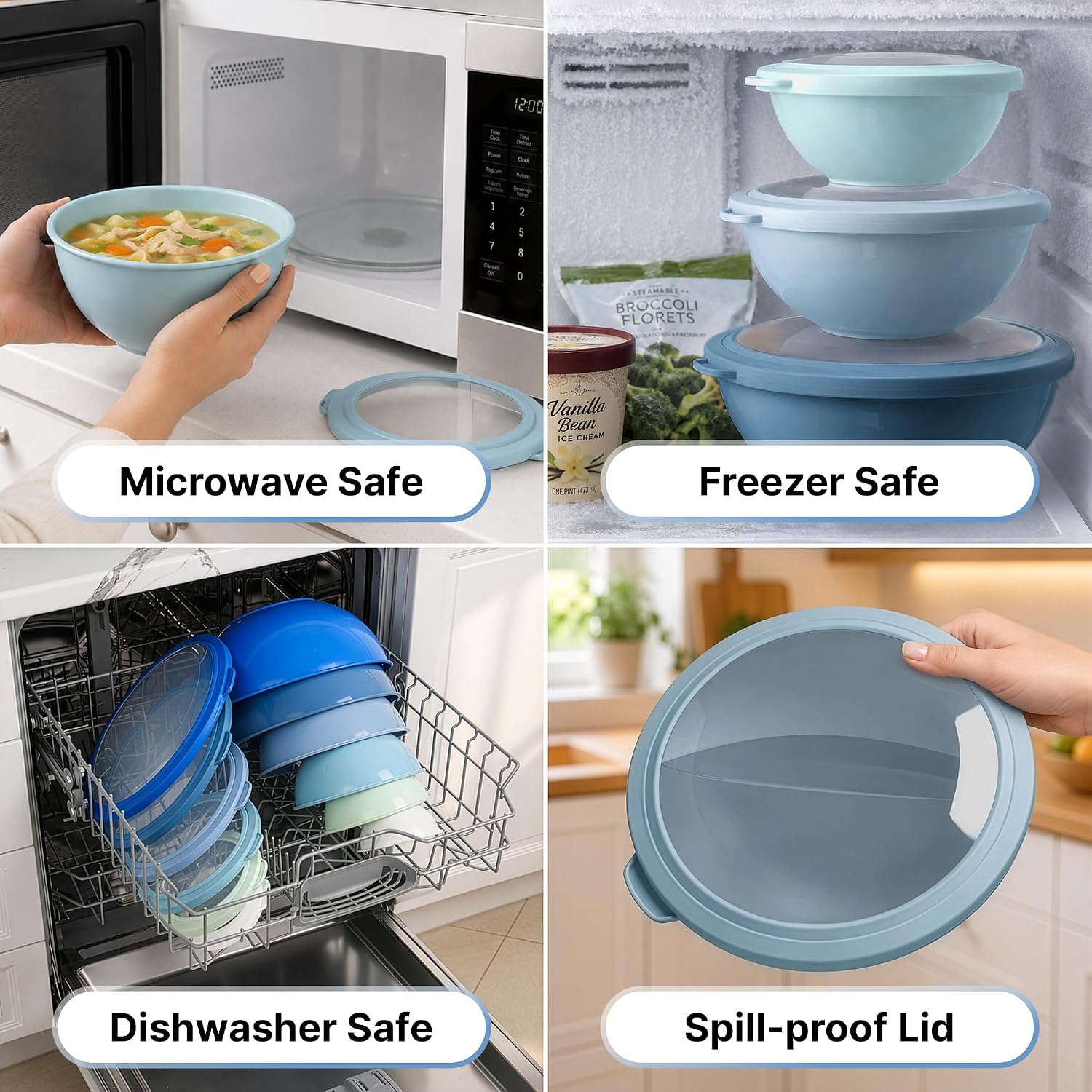 12 Piece Plastic Mixing Bowls with Lids Set - Leak-Proof Microwave & Freezer Safe Stackable Mixing Bowl Set for Preparing, Serving and Storing - Non-Slip Large Nesting Bowls (Blue Ombre)