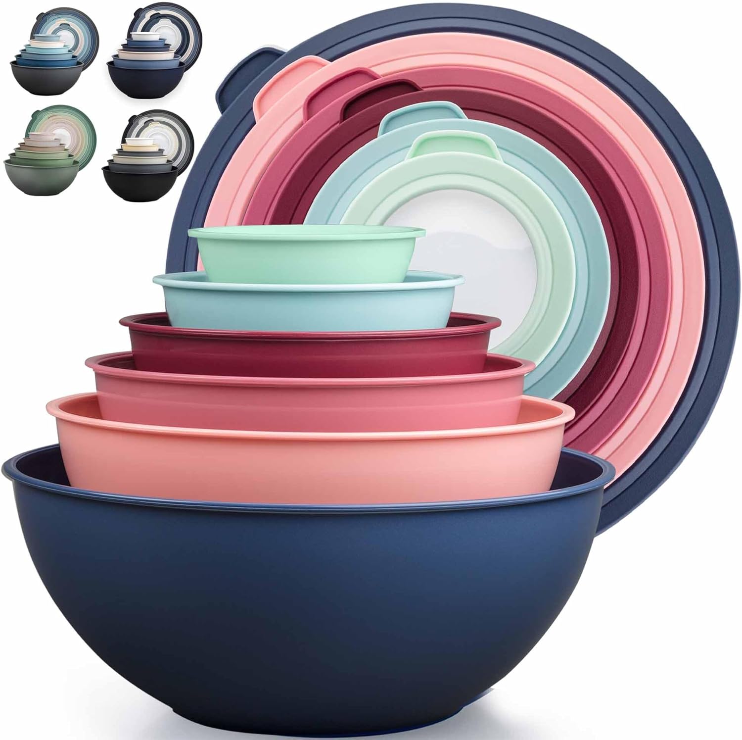 12 Piece Plastic Mixing Bowls with Lids Set - Leak-Proof Microwave & Freezer Safe Stackable Mixing Bowl Set for Preparing, Serving and Storing - Non-Slip Large Nesting Bowls (Blue Ombre)