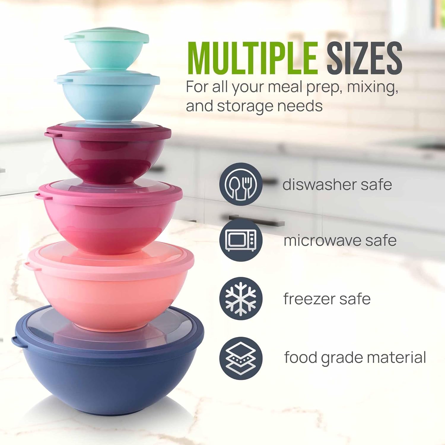12 Piece Plastic Mixing Bowls with Lids Set - Leak-Proof Microwave & Freezer Safe Stackable Mixing Bowl Set for Preparing, Serving and Storing - Non-Slip Large Nesting Bowls (Blue Ombre)