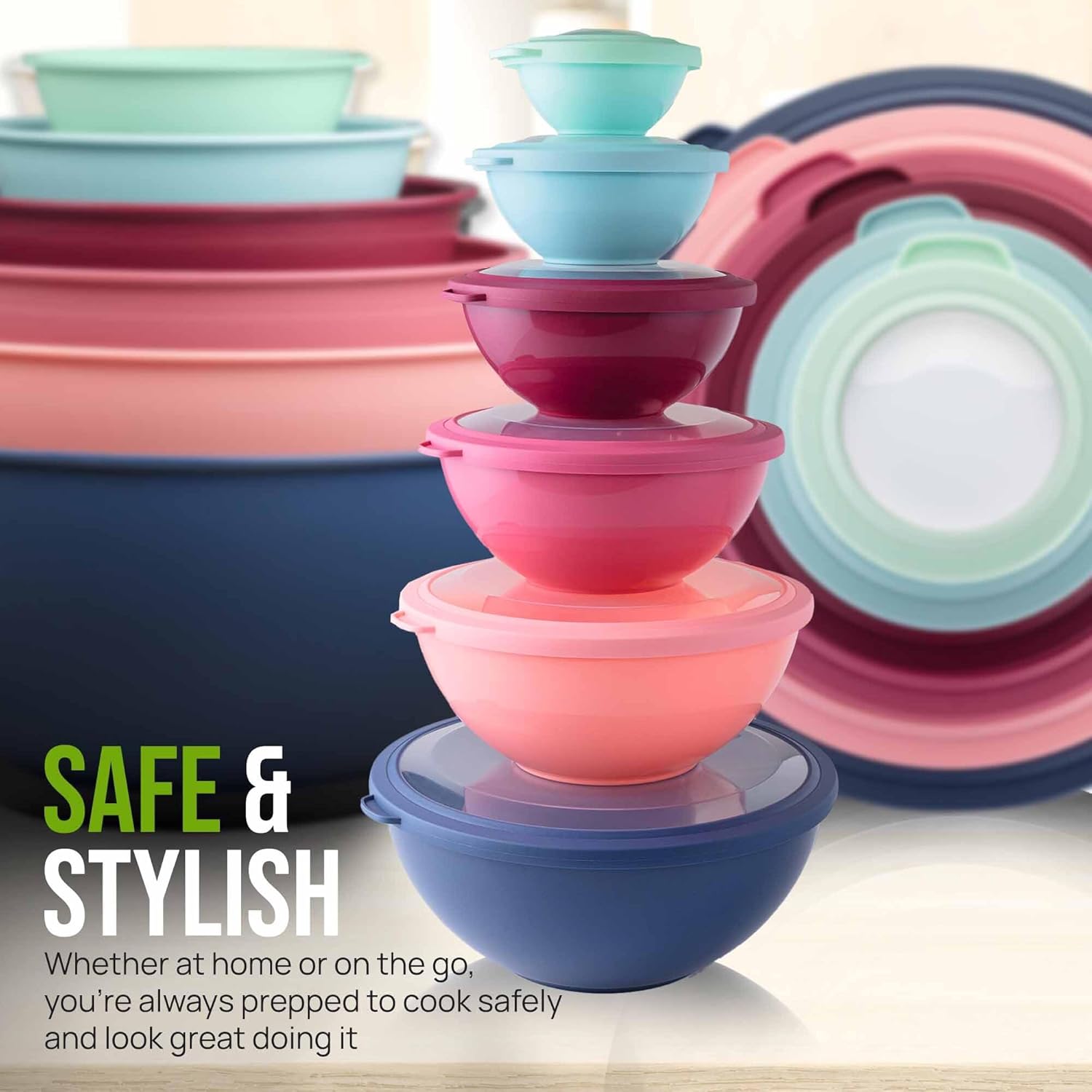 12 Piece Plastic Mixing Bowls with Lids Set - Leak-Proof Microwave & Freezer Safe Stackable Mixing Bowl Set for Preparing, Serving and Storing - Non-Slip Large Nesting Bowls (Blue Ombre)