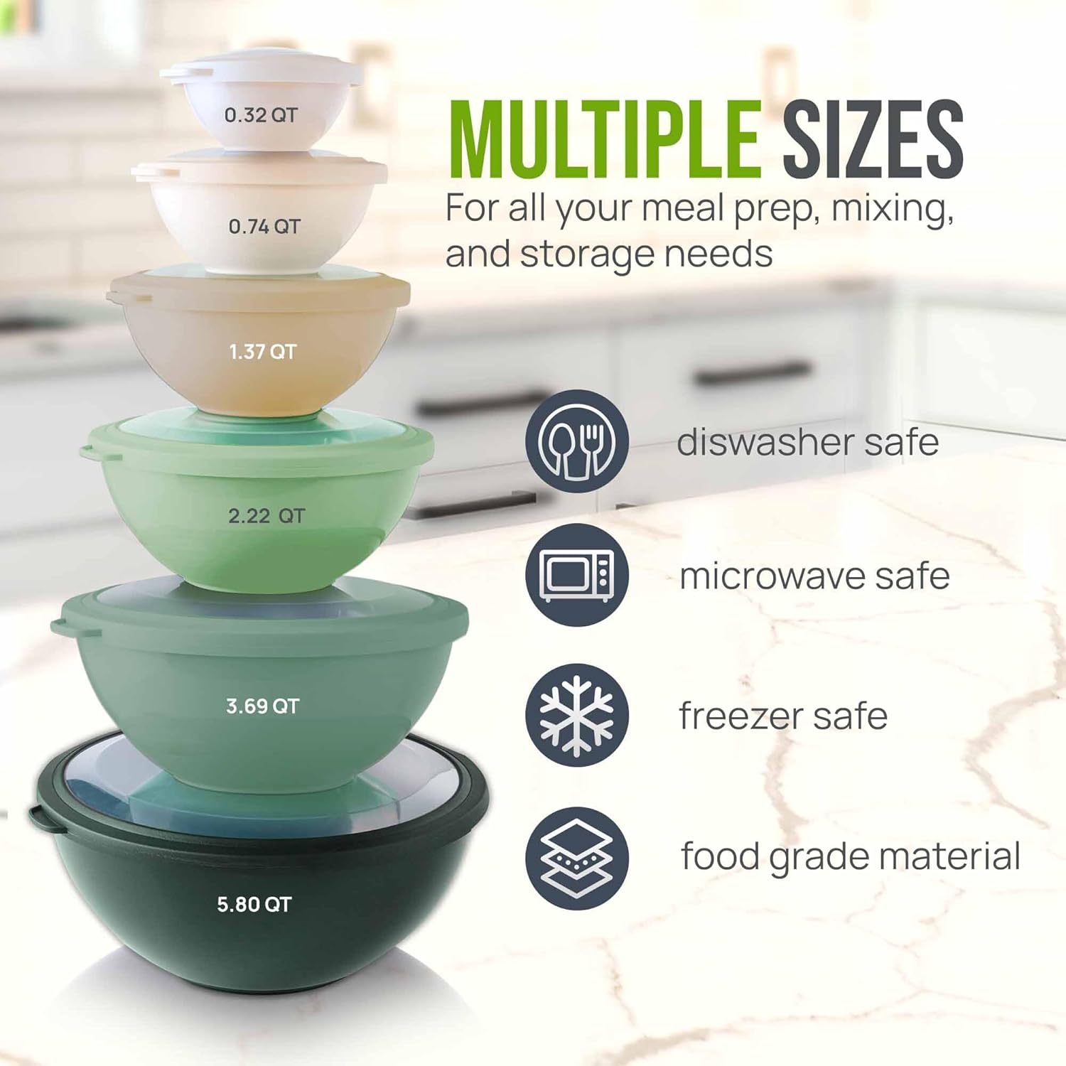 12 Piece Plastic Mixing Bowls with Lids Set - Leak-Proof Microwave & Freezer Safe Stackable Mixing Bowl Set for Preparing, Serving and Storing - Non-Slip Large Nesting Bowls (Blue Ombre)