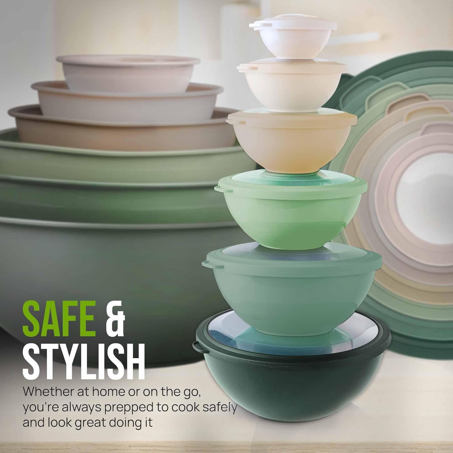 12 Piece Plastic Mixing Bowls with Lids Set - Leak-Proof Microwave & Freezer Safe Stackable Mixing Bowl Set for Preparing, Serving and Storing - Non-Slip Large Nesting Bowls (Blue Ombre)
