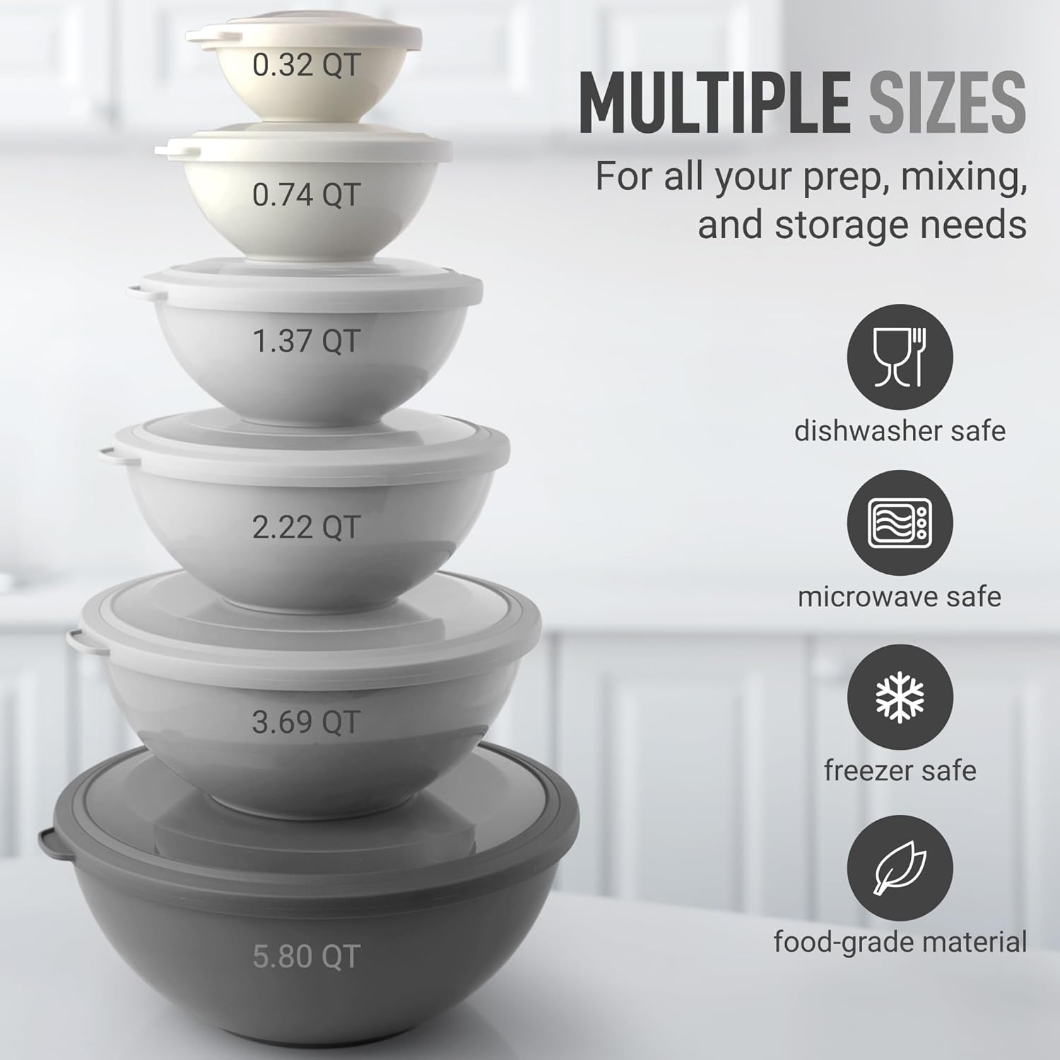 12 Piece Plastic Mixing Bowls with Lids Set - Leak-Proof Microwave & Freezer Safe Stackable Mixing Bowl Set for Preparing, Serving and Storing - Non-Slip Large Nesting Bowls (Blue Ombre)
