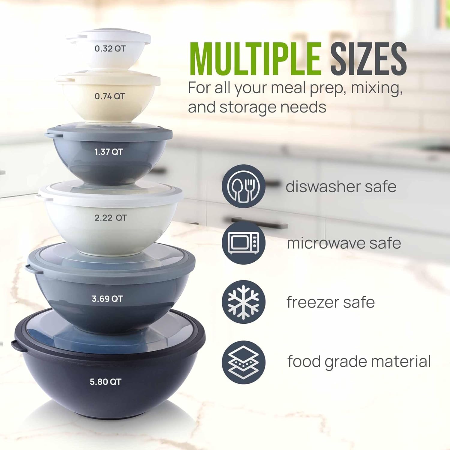 12 Piece Plastic Mixing Bowls with Lids Set - Leak-Proof Microwave & Freezer Safe Stackable Mixing Bowl Set for Preparing, Serving and Storing - Non-Slip Large Nesting Bowls (Blue Ombre)