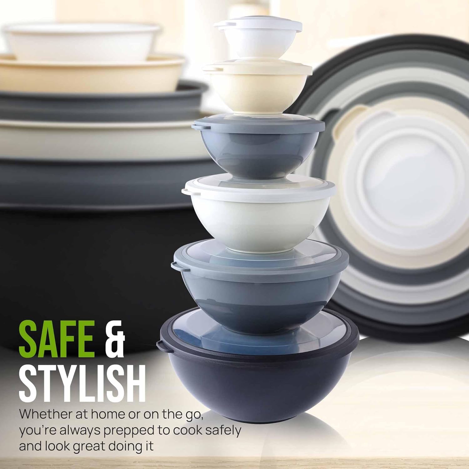 12 Piece Plastic Mixing Bowls with Lids Set - Leak-Proof Microwave & Freezer Safe Stackable Mixing Bowl Set for Preparing, Serving and Storing - Non-Slip Large Nesting Bowls (Blue Ombre)