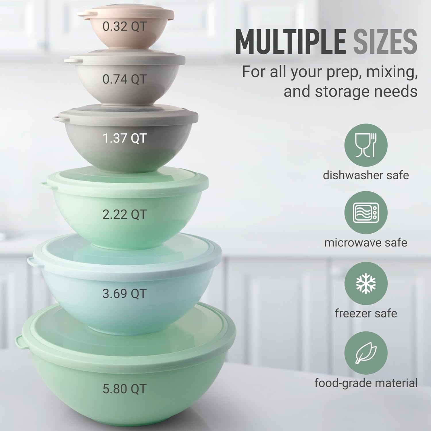 12 Piece Plastic Mixing Bowls with Lids Set - Leak-Proof Microwave & Freezer Safe Stackable Mixing Bowl Set for Preparing, Serving and Storing - Non-Slip Large Nesting Bowls (Blue Ombre)