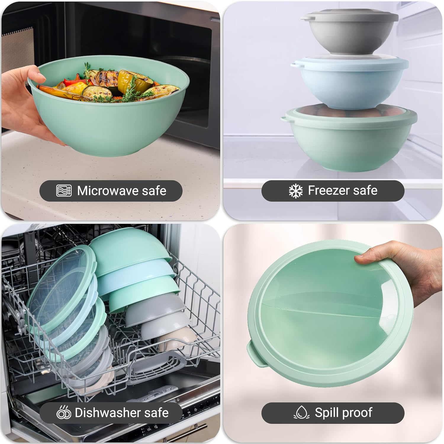 12 Piece Plastic Mixing Bowls with Lids Set - Leak-Proof Microwave & Freezer Safe Stackable Mixing Bowl Set for Preparing, Serving and Storing - Non-Slip Large Nesting Bowls (Blue Ombre)