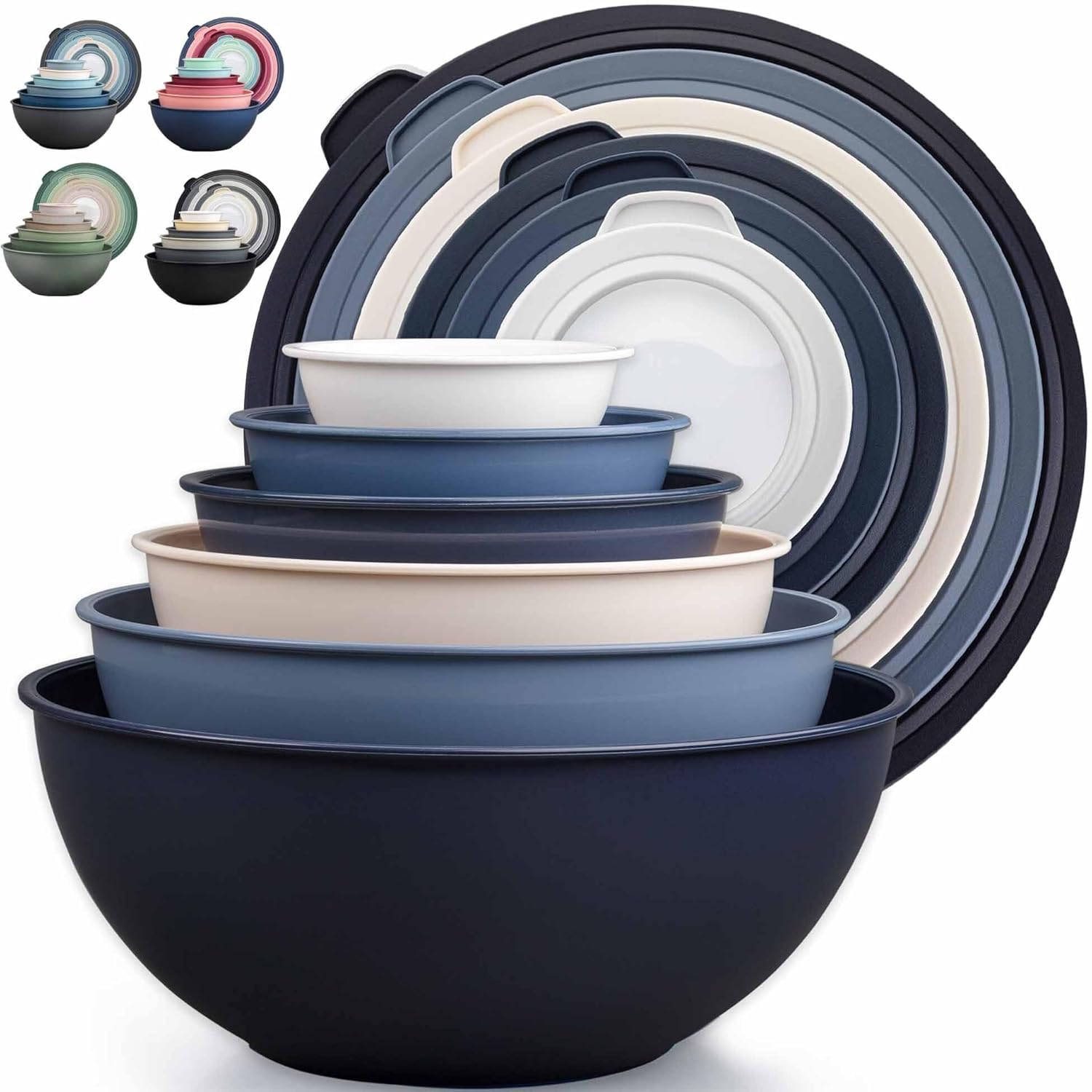 12 Piece Plastic Mixing Bowls with Lids Set - Leak-Proof Microwave & Freezer Safe Stackable Mixing Bowl Set for Preparing, Serving and Storing - Non-Slip Large Nesting Bowls (Blue Ombre)