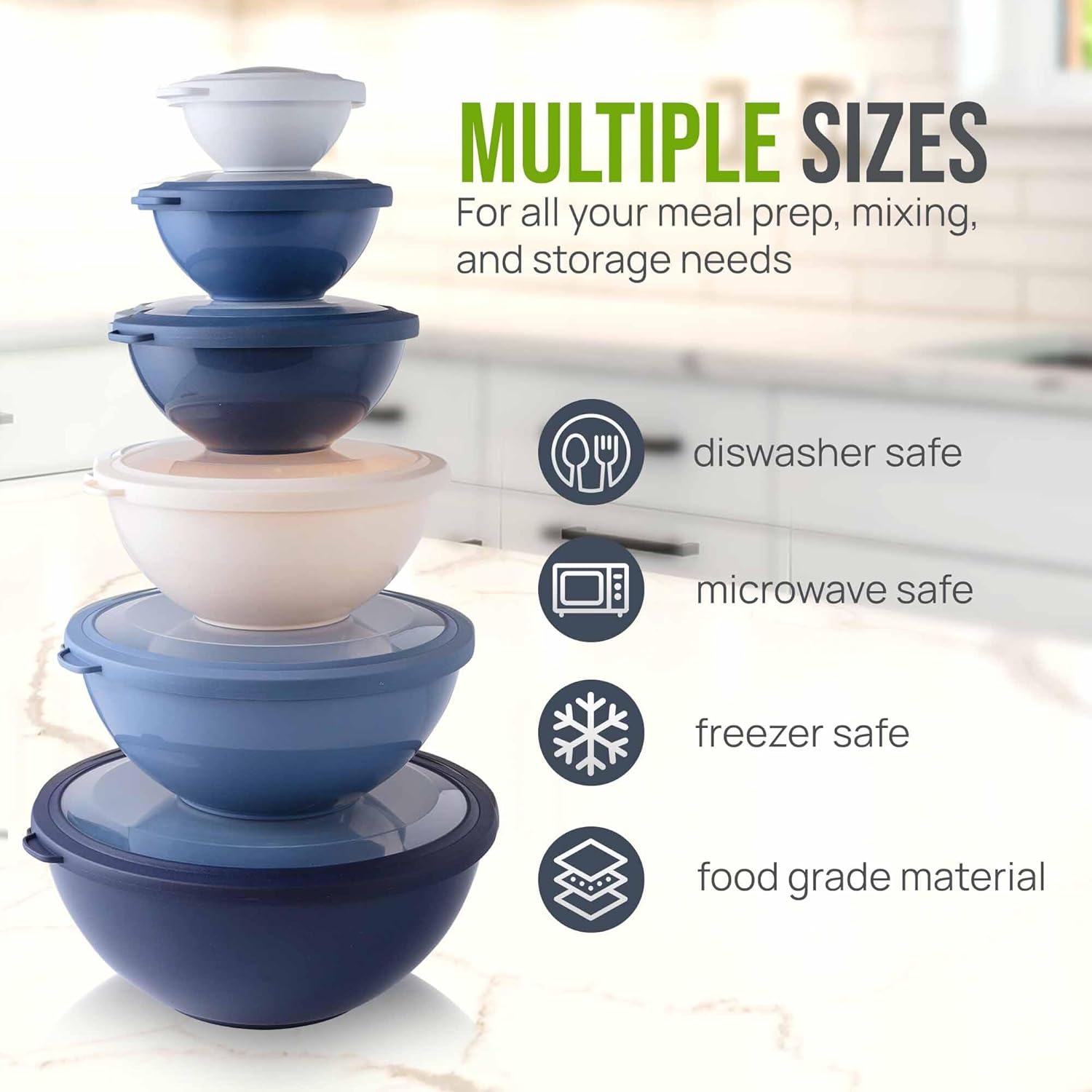 12 Piece Plastic Mixing Bowls with Lids Set - Leak-Proof Microwave & Freezer Safe Stackable Mixing Bowl Set for Preparing, Serving and Storing - Non-Slip Large Nesting Bowls (Blue Ombre)