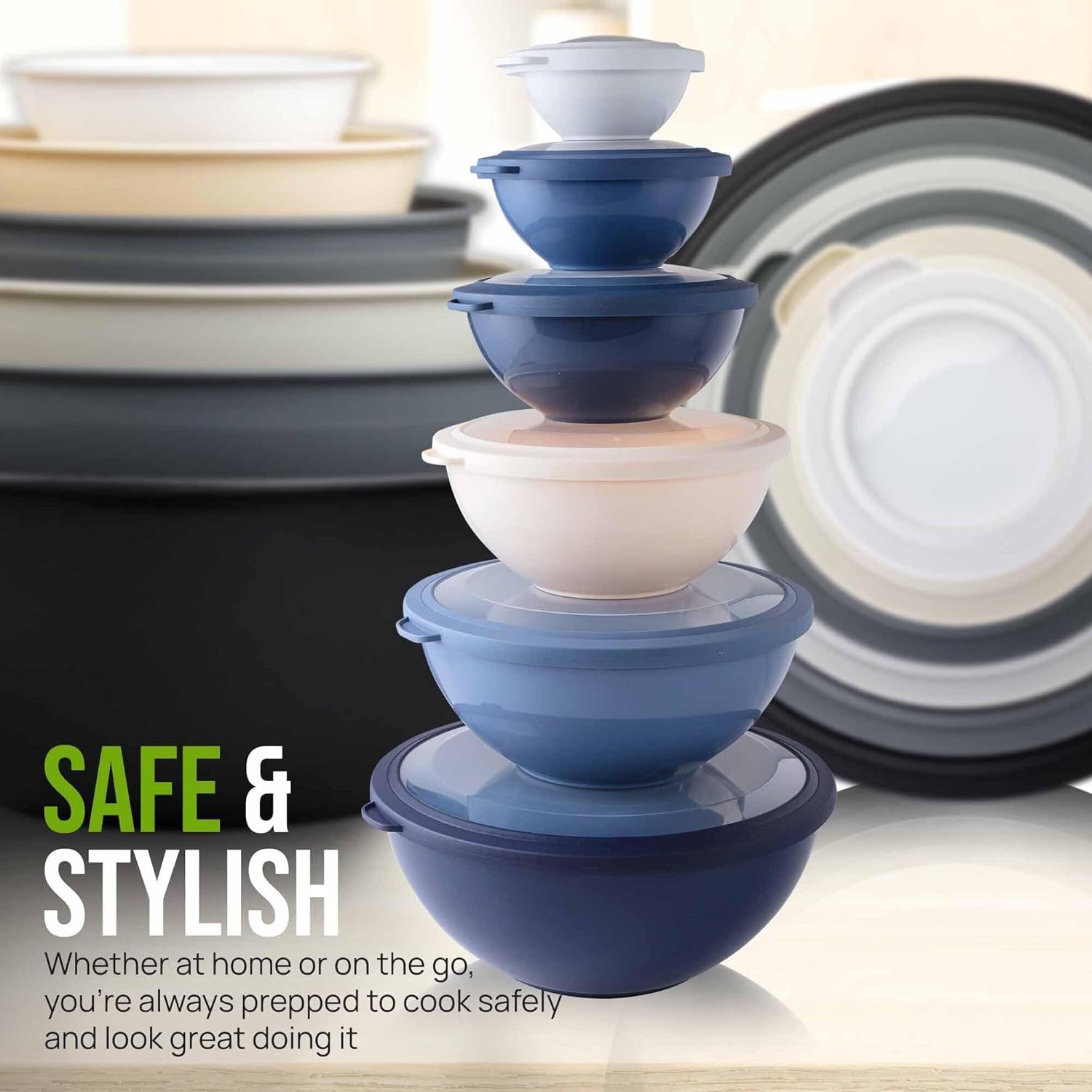 12 Piece Plastic Mixing Bowls with Lids Set - Leak-Proof Microwave & Freezer Safe Stackable Mixing Bowl Set for Preparing, Serving and Storing - Non-Slip Large Nesting Bowls (Blue Ombre)