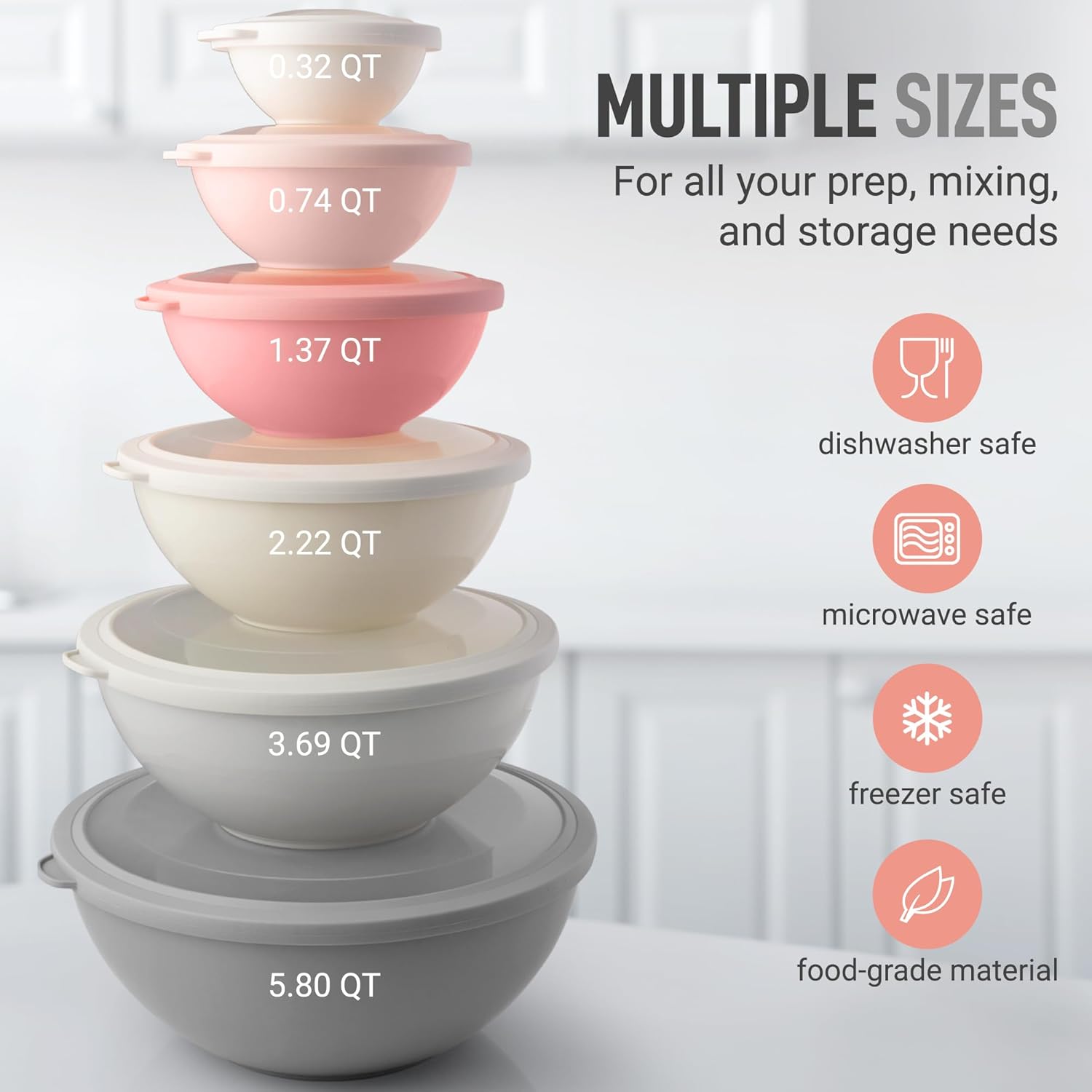 12 Piece Plastic Mixing Bowls with Lids Set - Leak-Proof Microwave & Freezer Safe Stackable Mixing Bowl Set for Preparing, Serving and Storing - Non-Slip Large Nesting Bowls (Blue Ombre)