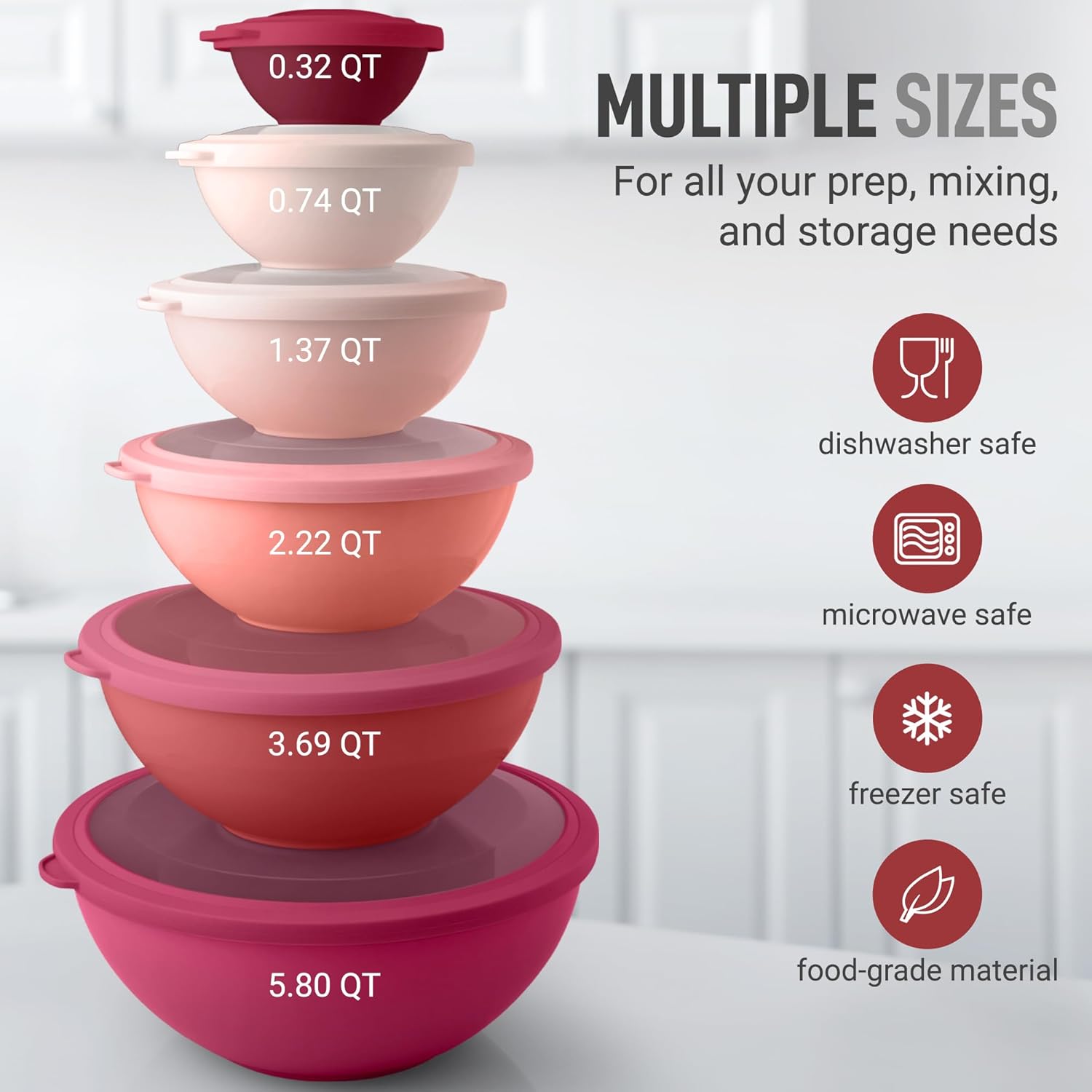 12 Piece Plastic Mixing Bowls with Lids Set - Leak-Proof Microwave & Freezer Safe Stackable Mixing Bowl Set for Preparing, Serving and Storing - Non-Slip Large Nesting Bowls (Blue Ombre)